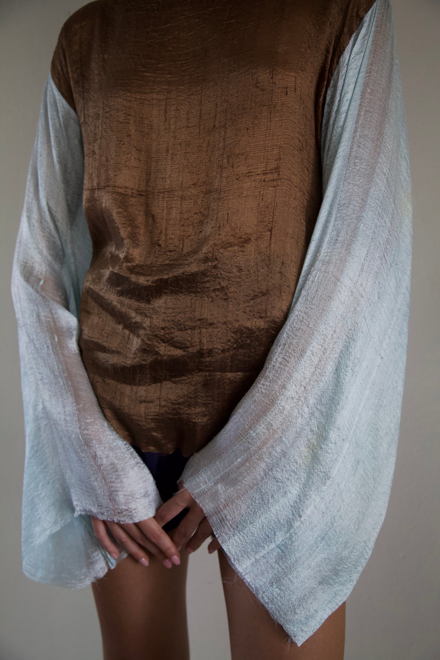 Handwoven Thai Silk Pieced Scarf Distressed Long Sleeve Jersey Top (ice + coco)