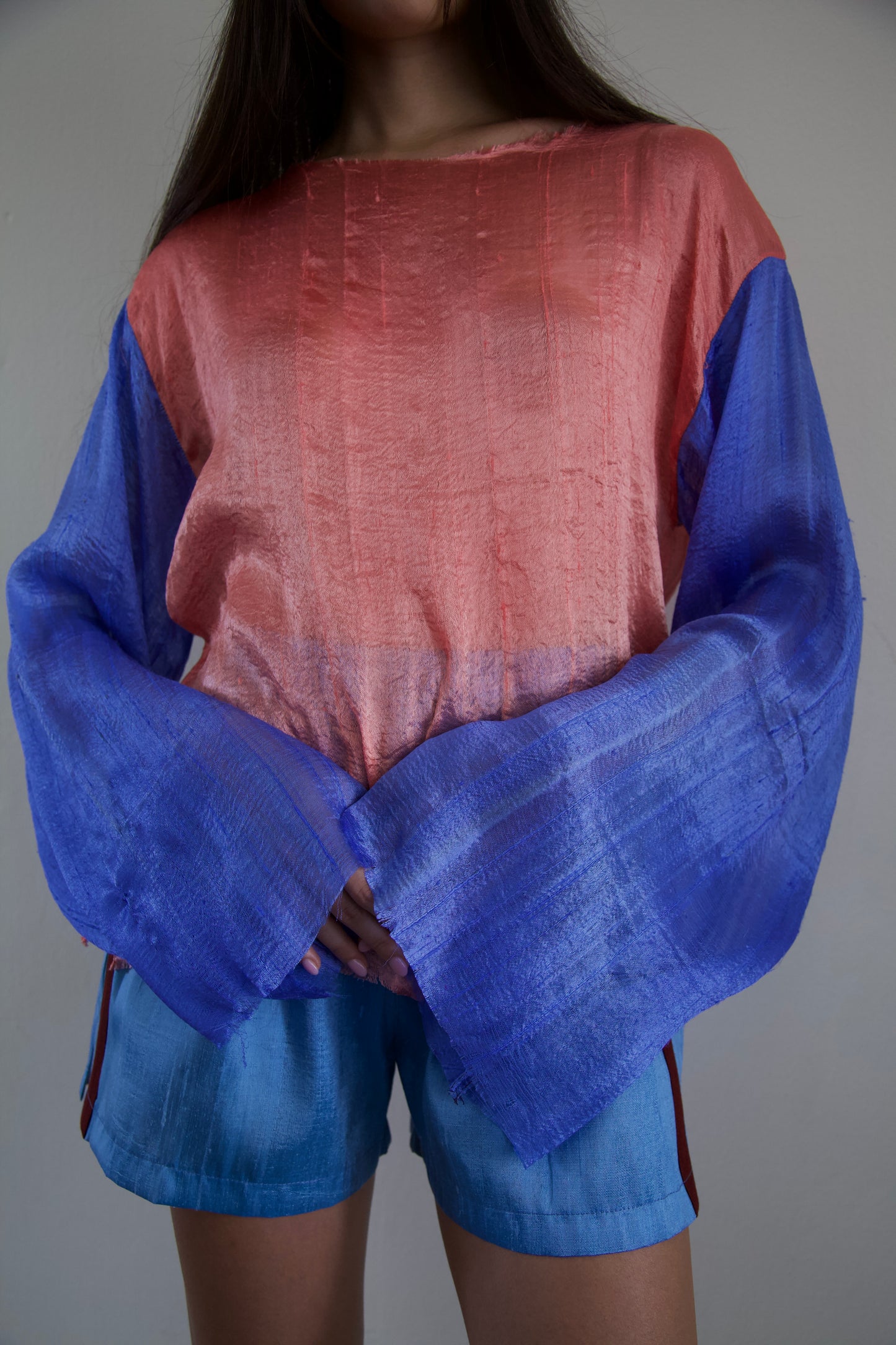 Handwoven Thai Silk Pieced Scarf Distressed Long Sleeve Jersey Top (coral + tape)