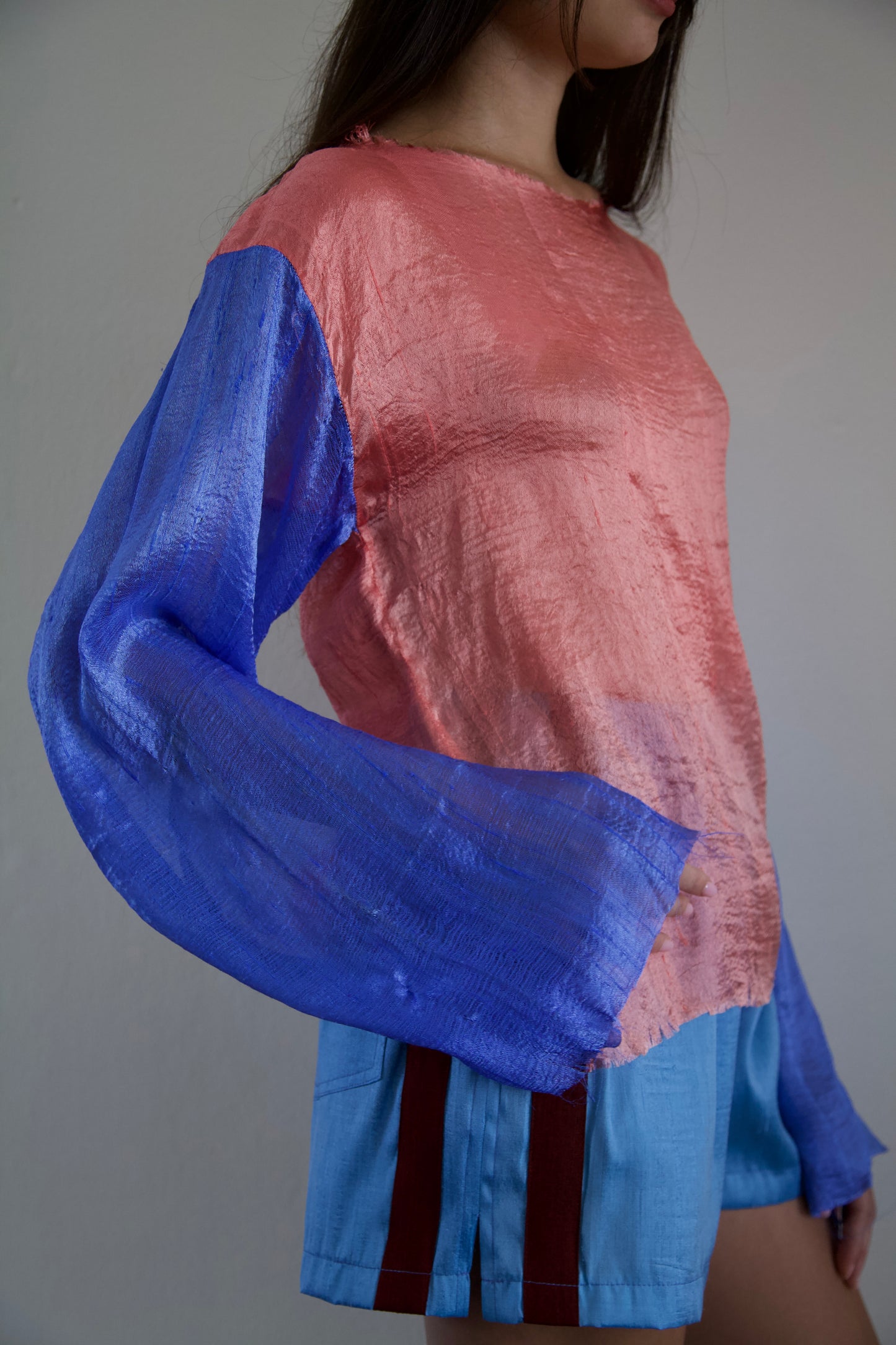 Handwoven Thai Silk Pieced Scarf Distressed Long Sleeve Jersey Top (coral + tape)