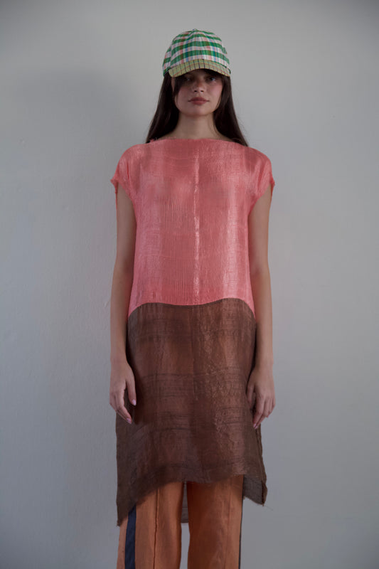 Handwoven Thai Silk Pieced Scarf Distressed Tunic Dress (coral + coco)