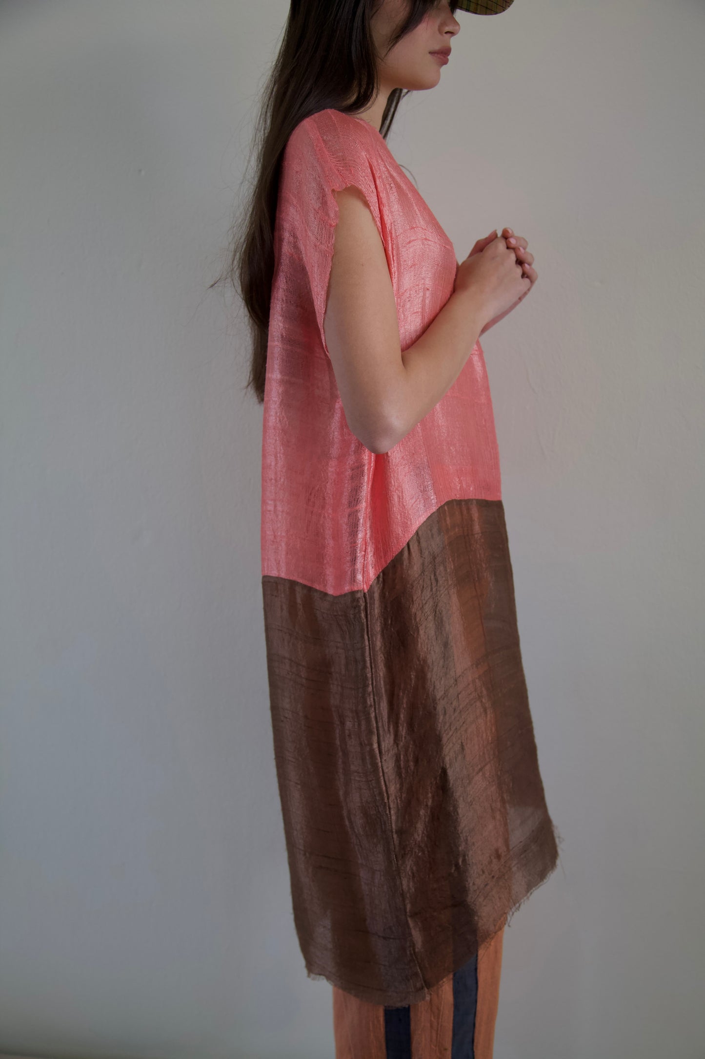 Handwoven Thai Silk Pieced Scarf Distressed Tunic Dress (coral + coco)