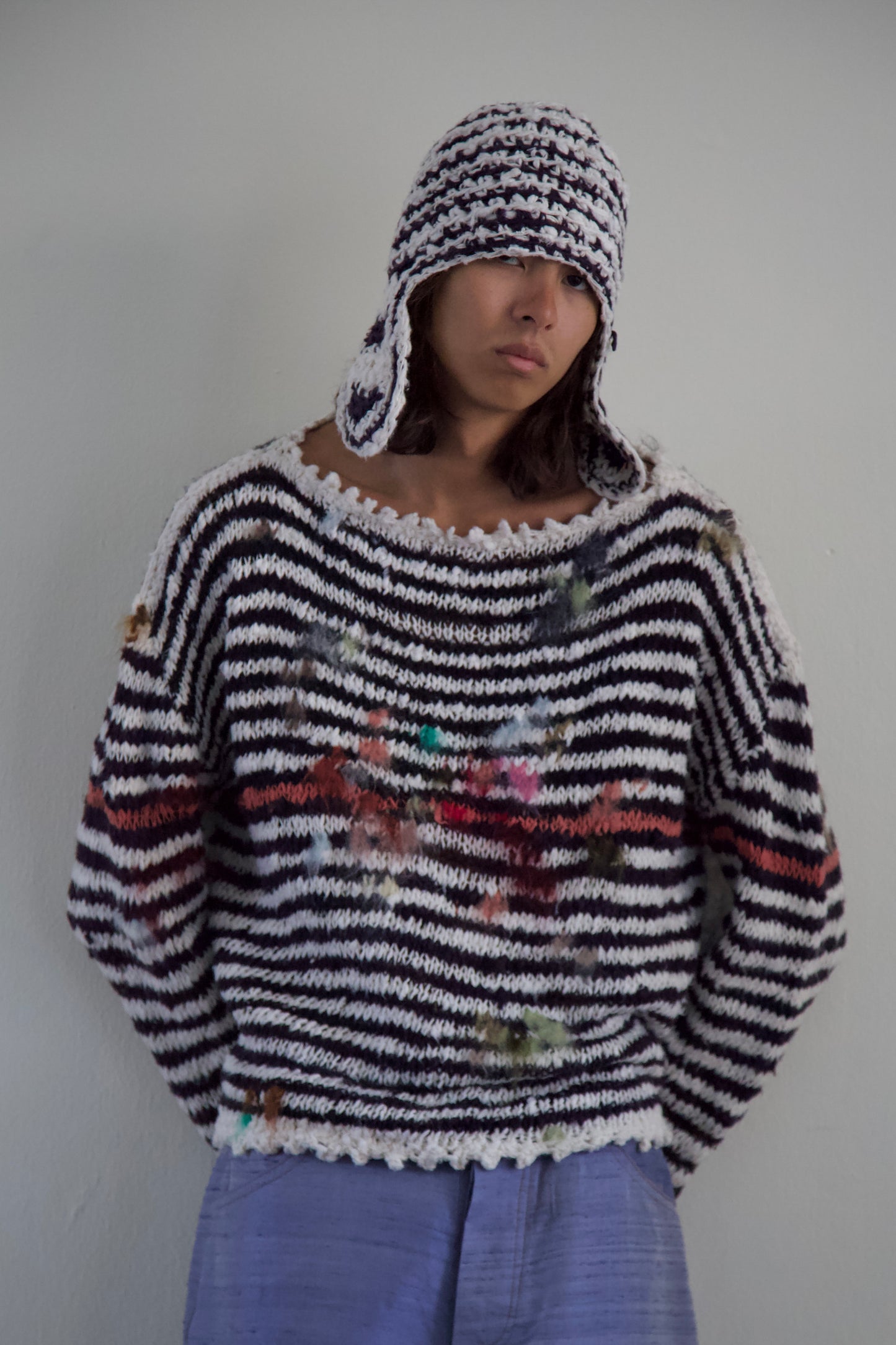 Debris Embroidered Knit Hand-Spun Thai Silk Unisex Pullover (made to order)