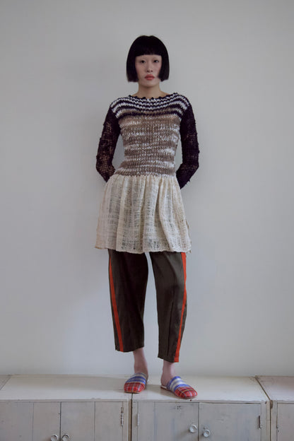 Debris Knit Hand-Spun Thai Silk Woven Scarf Long Sleeve Split Tunic Dress (newsprint)