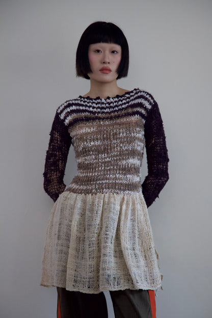 Debris Knit Hand-Spun Thai Silk Woven Scarf Long Sleeve Split Tunic Dress (newsprint)