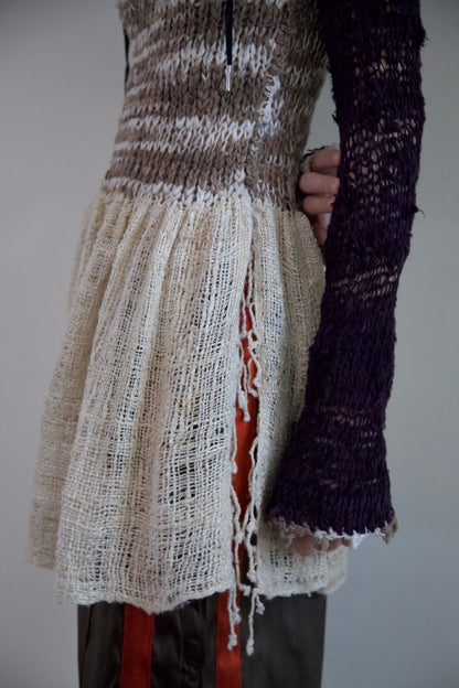 Debris Knit Hand-Spun Thai Silk Woven Scarf Long Sleeve Split Tunic Dress (newsprint)