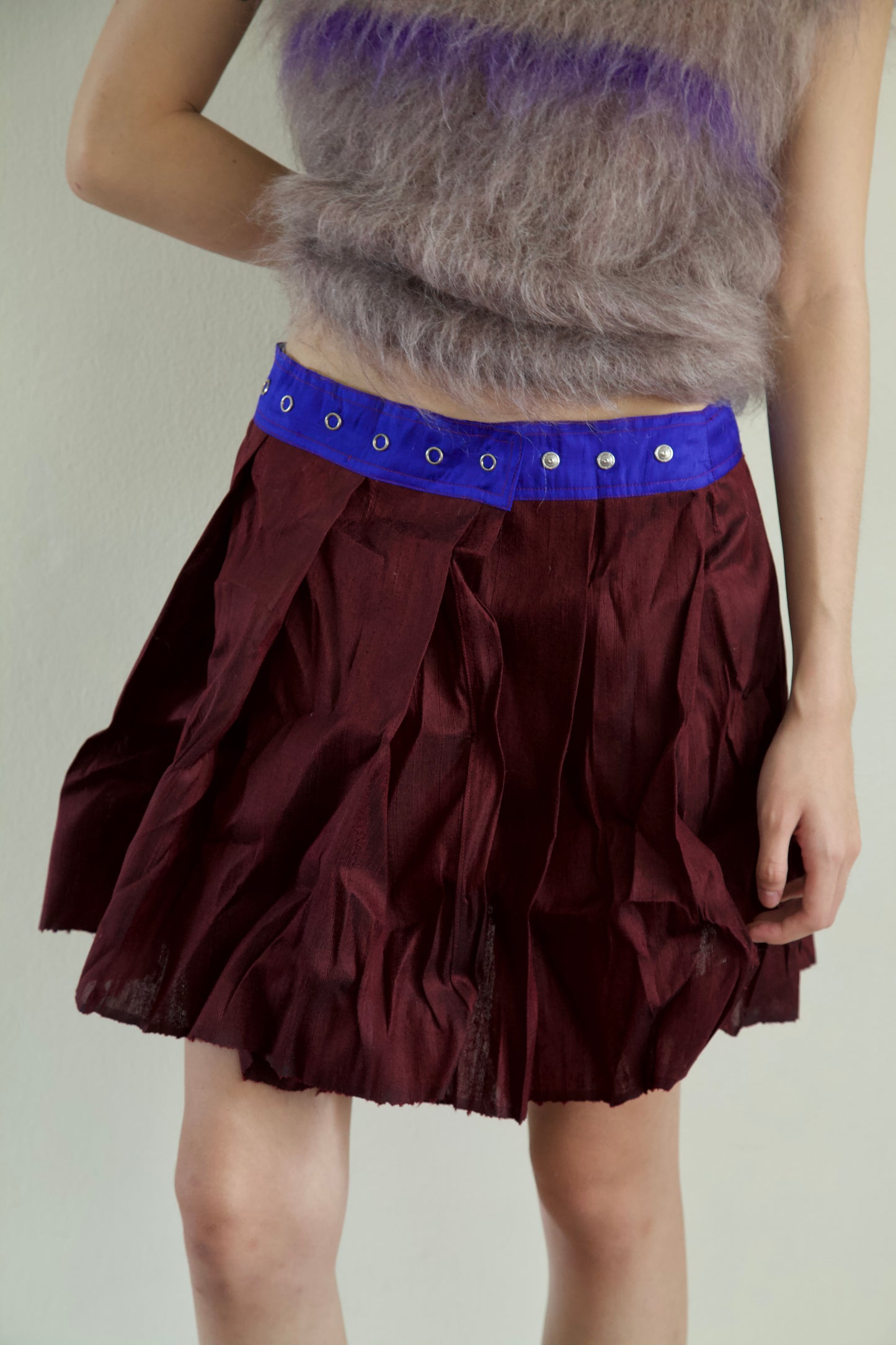 Handwoven Raw Thai Silk Crumpled Wrap/Snap Pleated Contrast Skirt (10 colorways)
