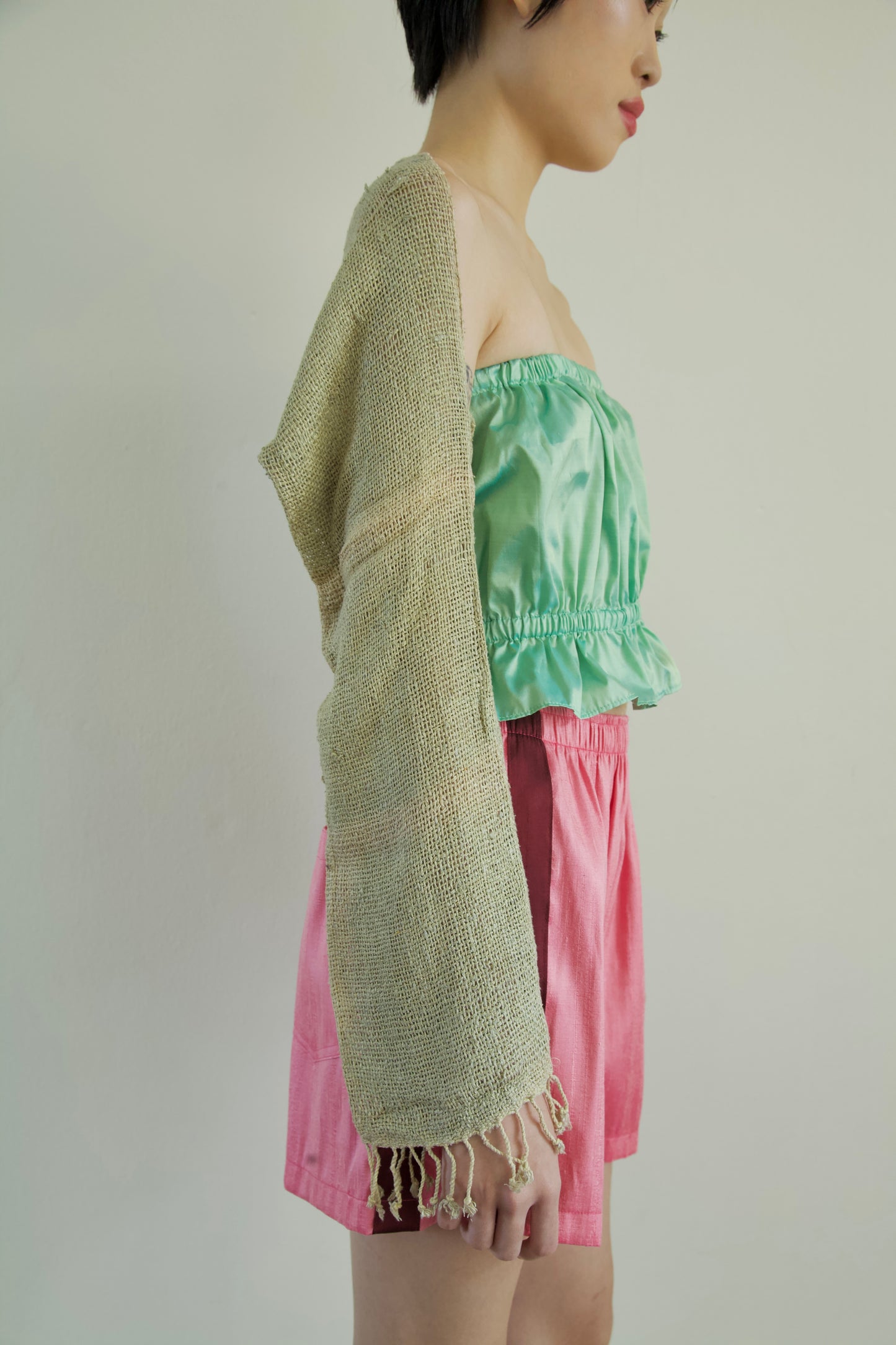 Handwoven Thai Silk-Cotton Fringe Cuff Pieced Scarf Sleeves Shrug (new colors)