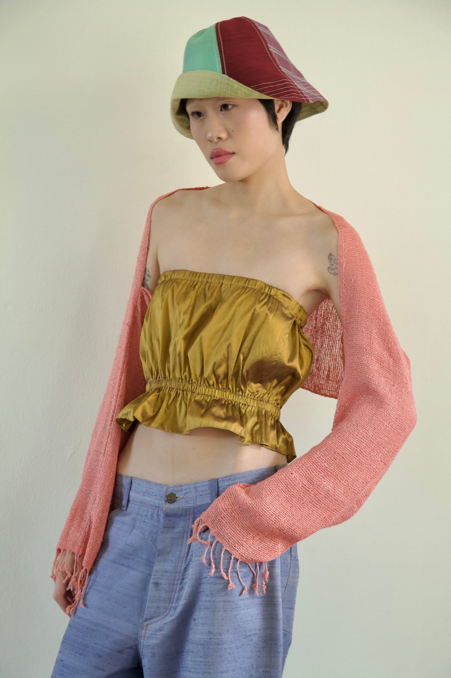 Handwoven Thai Silk-Cotton Fringe Cuff Pieced Scarf Sleeves Shrug (new colors)