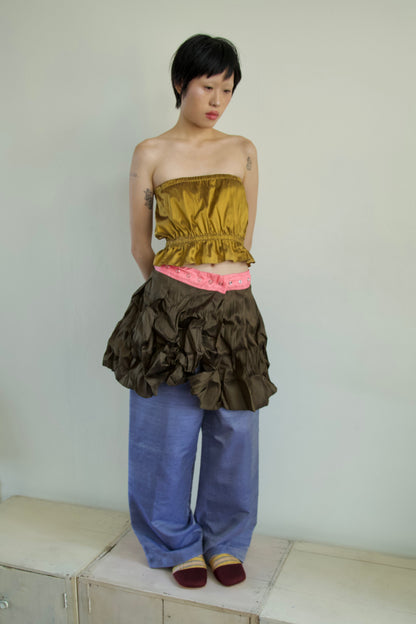 Handwoven Raw Thai Silk Crumpled Wrap/Snap Pleated Contrast Skirt (10 colorways)