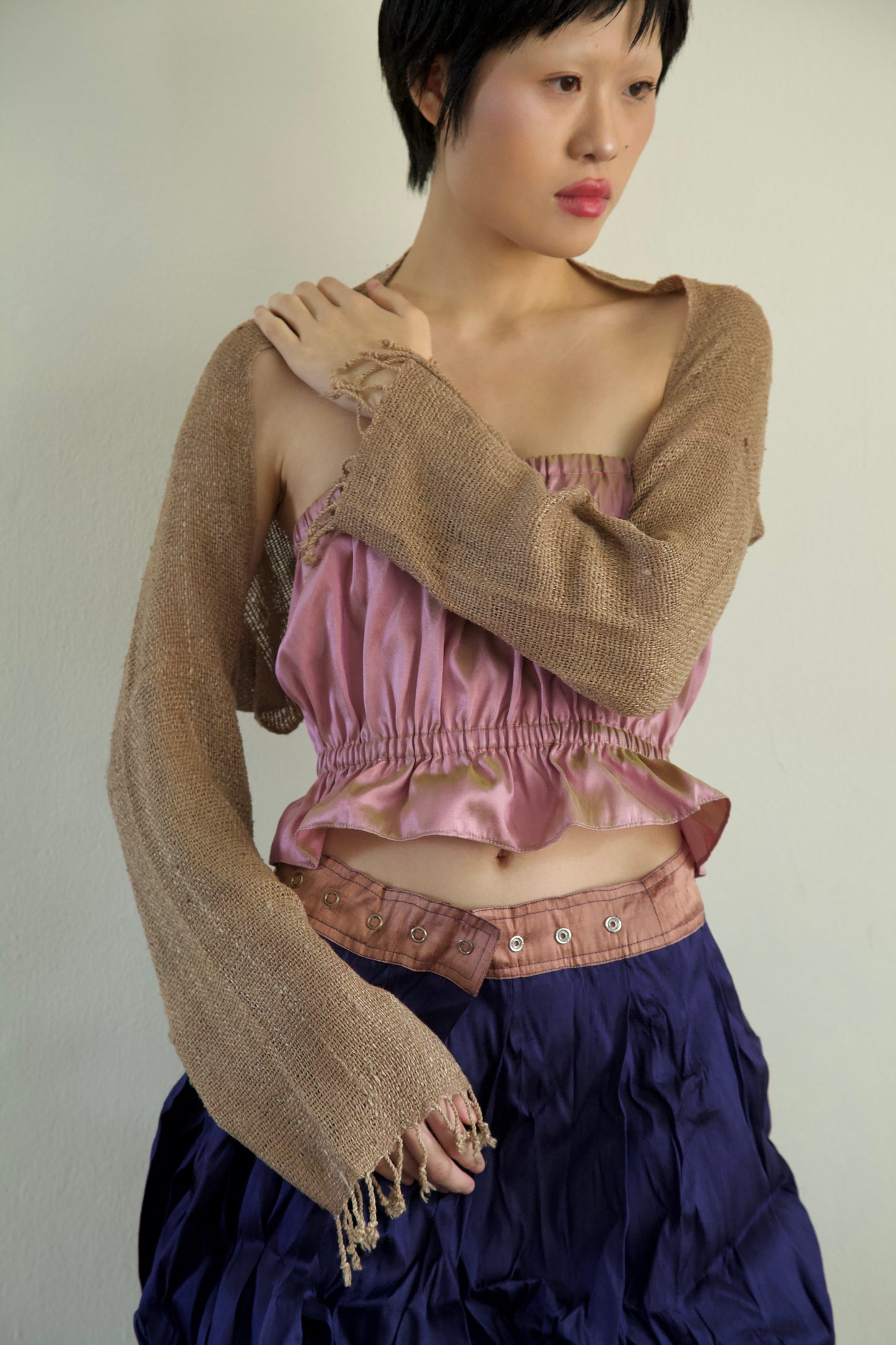 Handwoven Thai Silk-Cotton Fringe Cuff Pieced Scarf Sleeves Shrug (new colors)