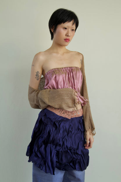 Handwoven Raw Thai Silk Crumpled Wrap/Snap Pleated Contrast Skirt (10 colorways)