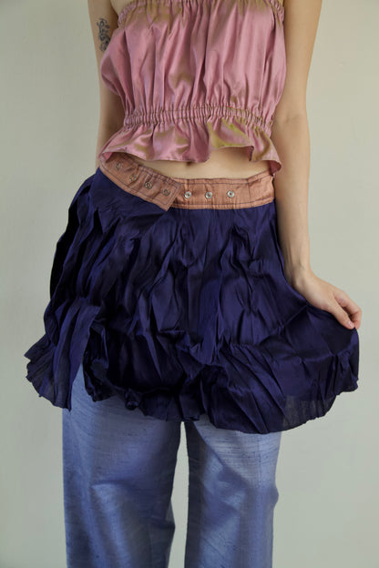 Handwoven Raw Thai Silk Crumpled Wrap/Snap Pleated Contrast Skirt (10 colorways)