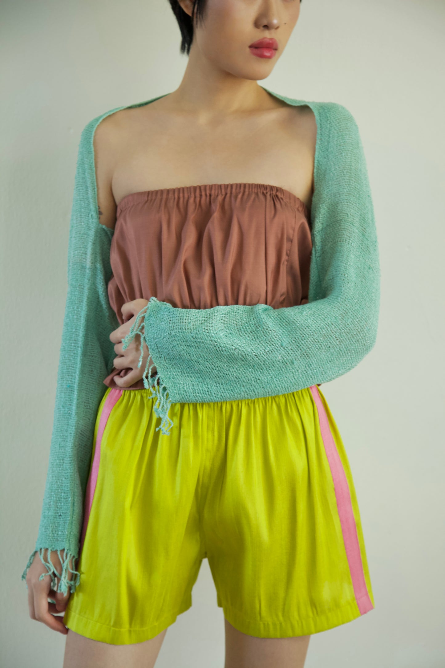 Handwoven Thai Silk-Cotton Fringe Cuff Pieced Scarf Sleeves Shrug (new colors)