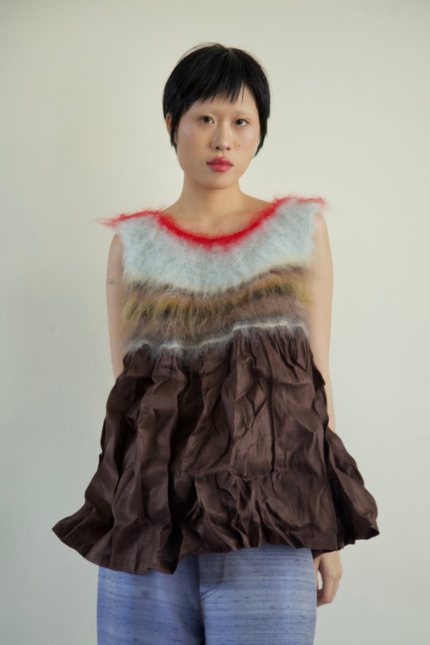 Blur Brushed Mohair Pinafore Raw Thai Silk Babydoll Top (one-of-a-kind)