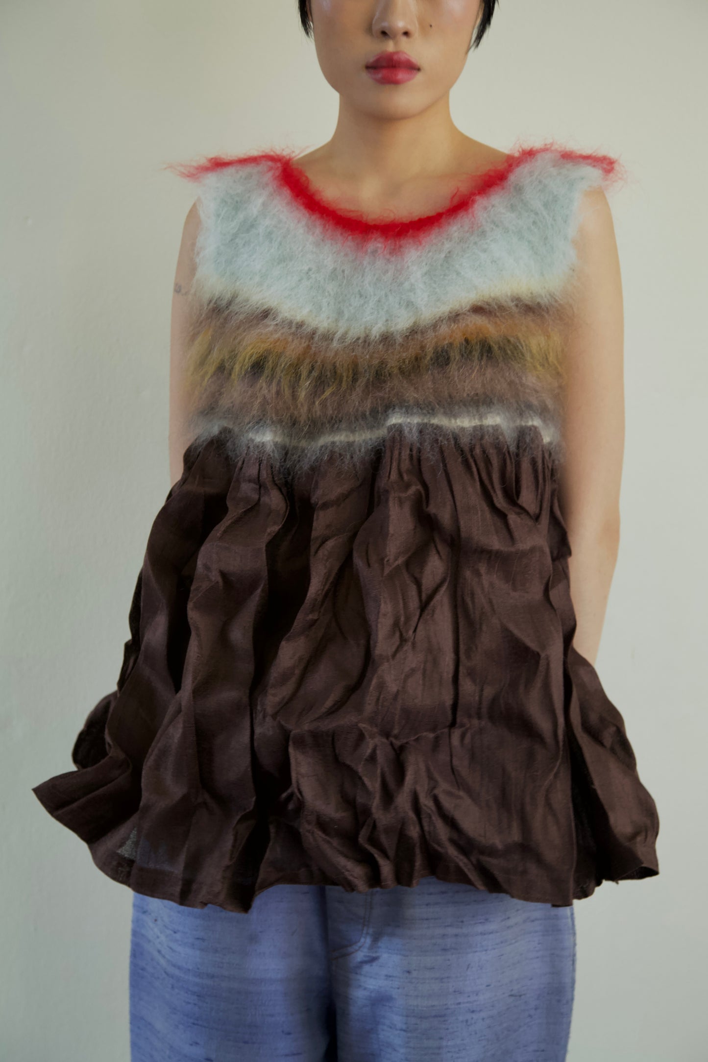 Blur Brushed Mohair Pinafore Raw Thai Silk Babydoll Top (one-of-a-kind)