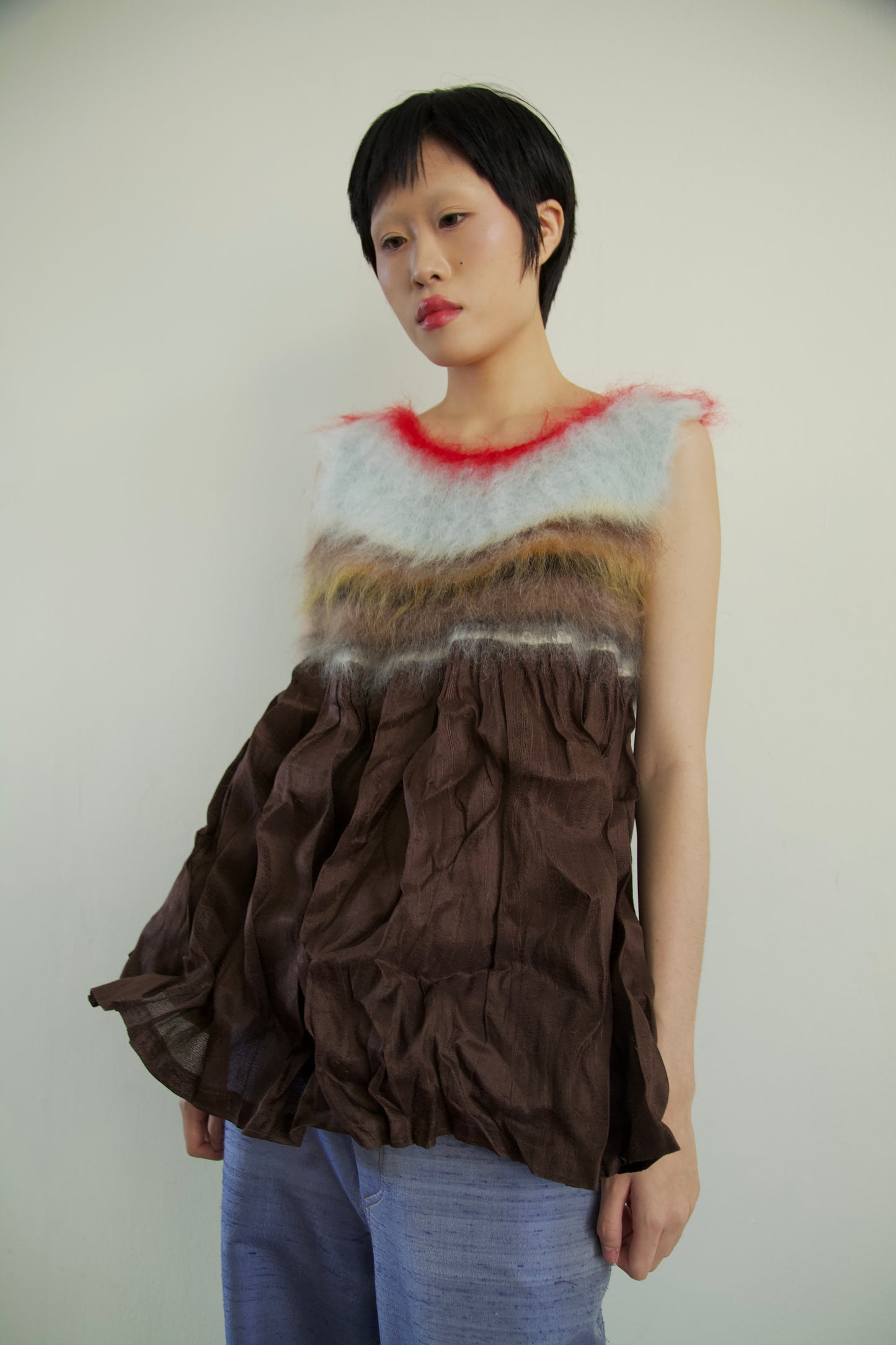 Blur Brushed Mohair Pinafore Raw Thai Silk Babydoll Top (one-of-a-kind)