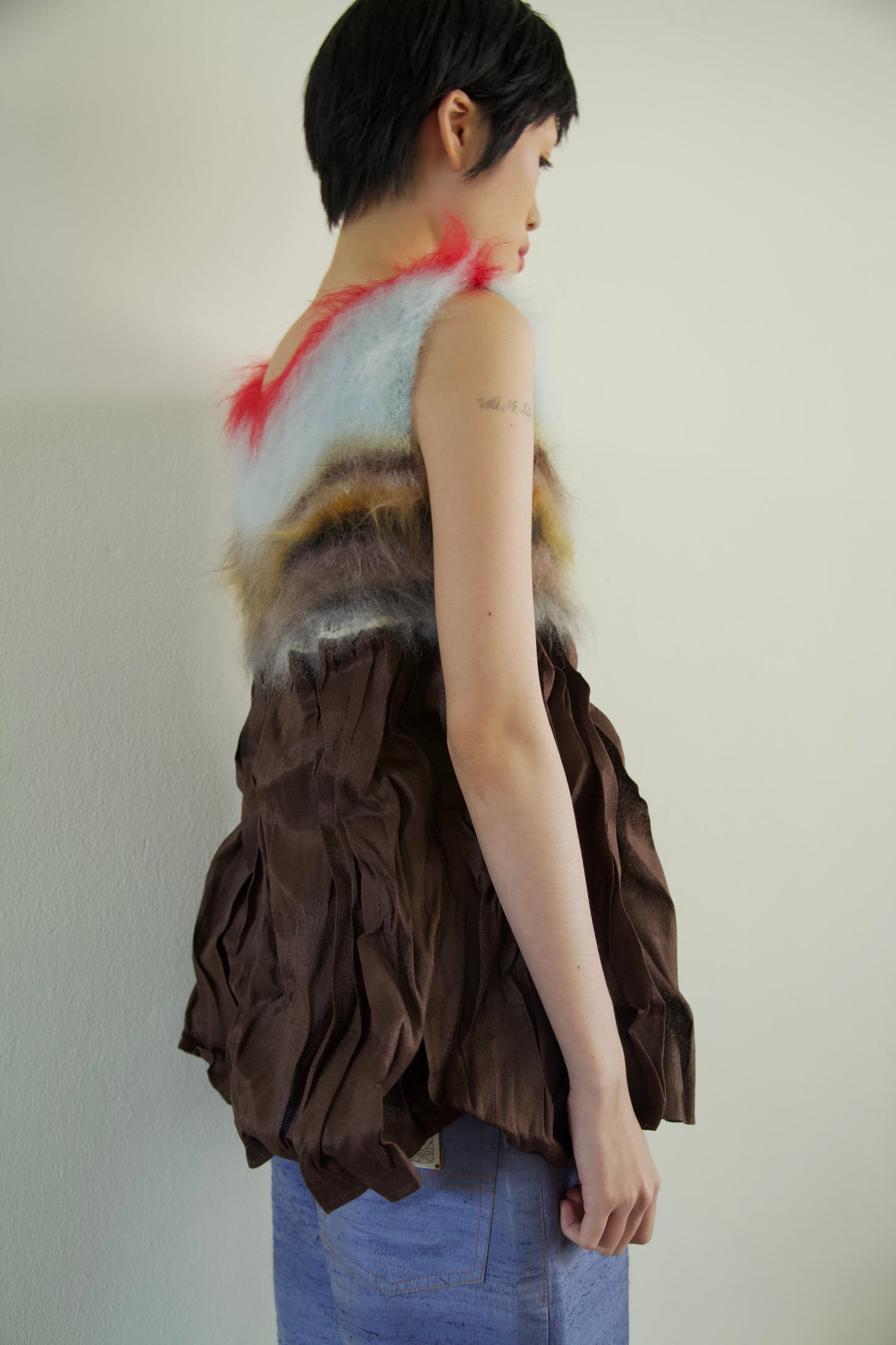 Blur Brushed Mohair Pinafore Raw Thai Silk Babydoll Top (one-of-a-kind)