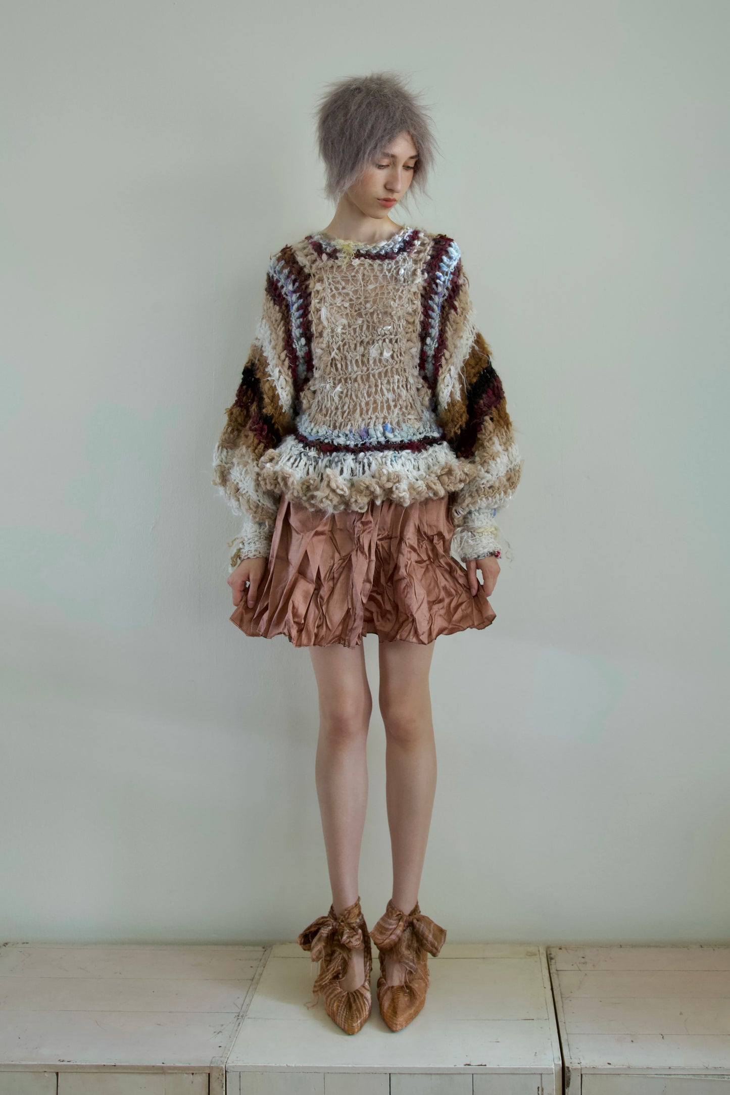 Debris Pearl Encrusted Fiber Art Crocheted Hand-Spun Alpaca Balloon Sleeve Jumper