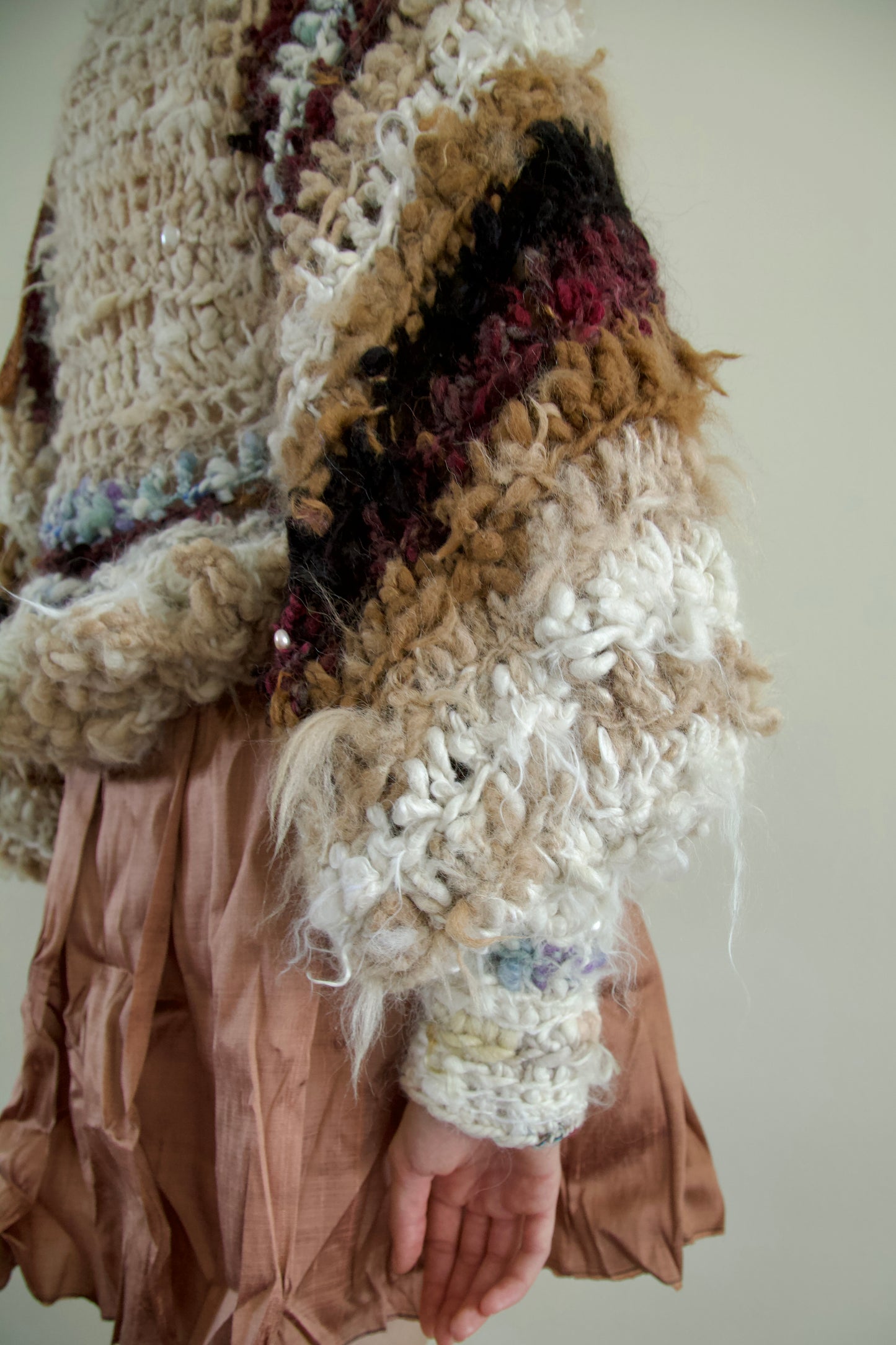 Debris Pearl Encrusted Fiber Art Crocheted Hand-Spun Alpaca Balloon Sleeve Jumper