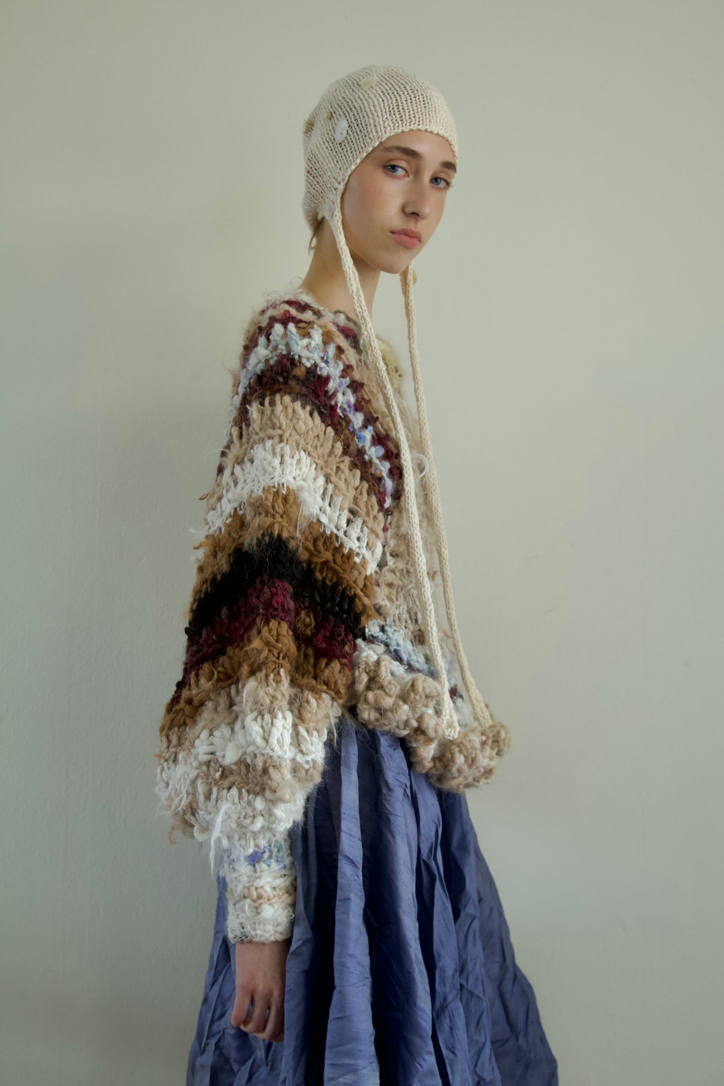 Debris Pearl Encrusted Fiber Art Crocheted Hand-Spun Alpaca Balloon Sleeve Jumper