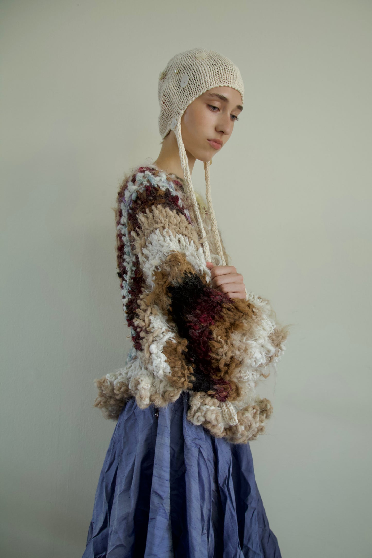 Debris Pearl Encrusted Fiber Art Crocheted Hand-Spun Alpaca Balloon Sleeve Jumper