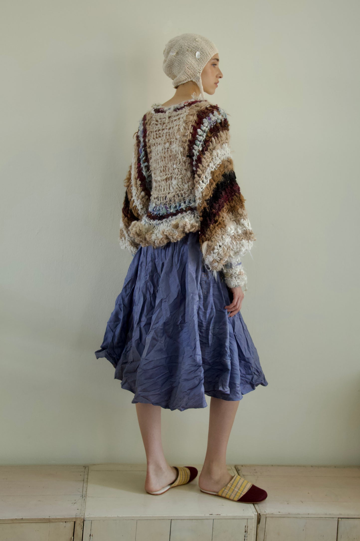 Debris Pearl Encrusted Fiber Art Crocheted Hand-Spun Alpaca Balloon Sleeve Jumper