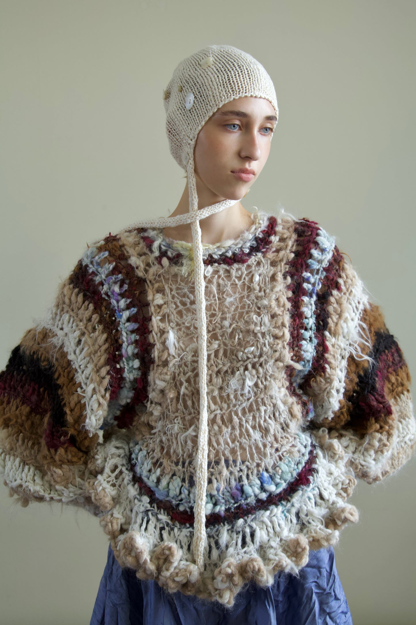 Debris Pearl Encrusted Fiber Art Crocheted Hand-Spun Alpaca Balloon Sleeve Jumper
