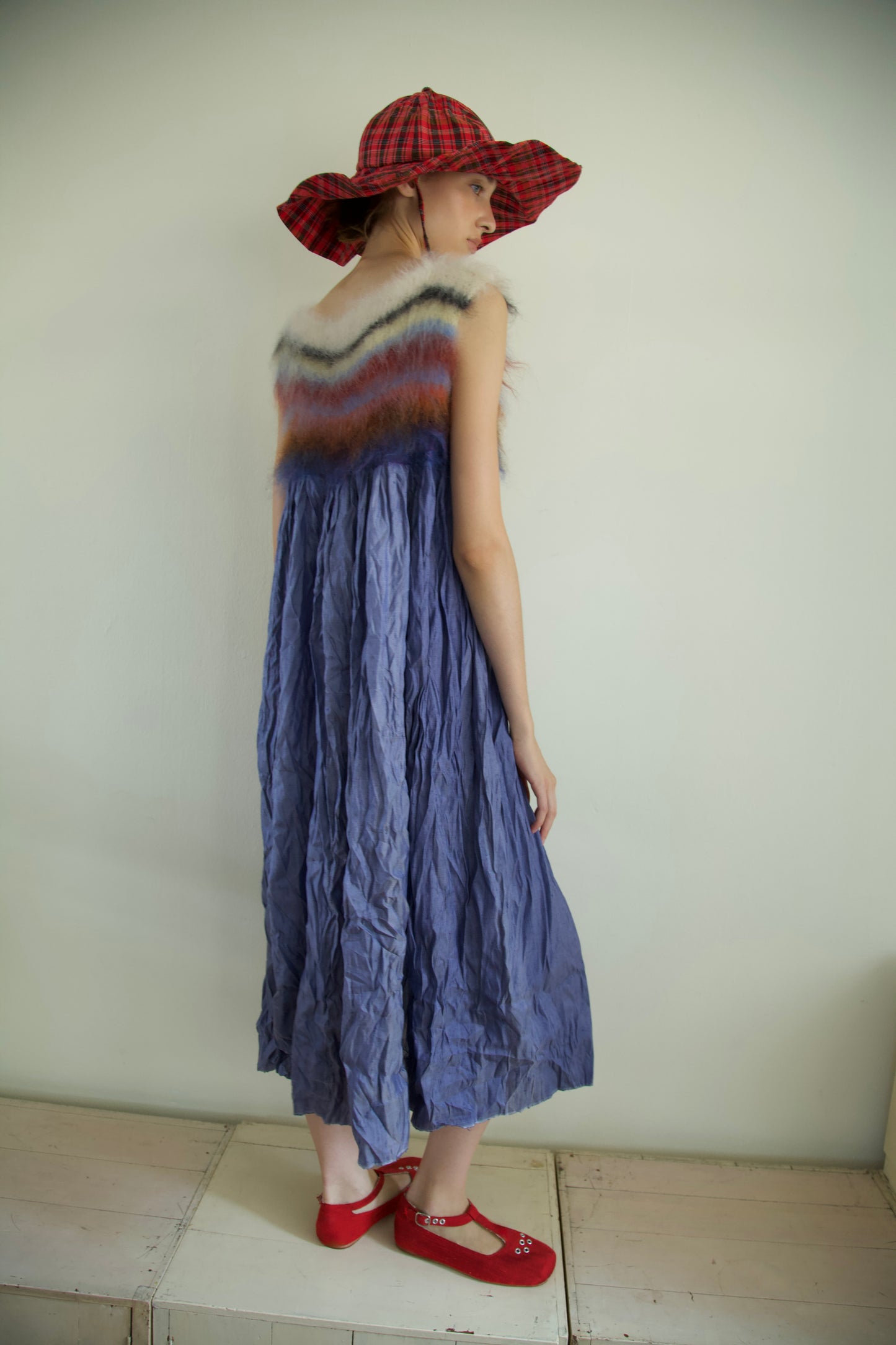 Blur Brushed Mohair Pinafore Raw Thai Silk Babydoll Dress (denim)