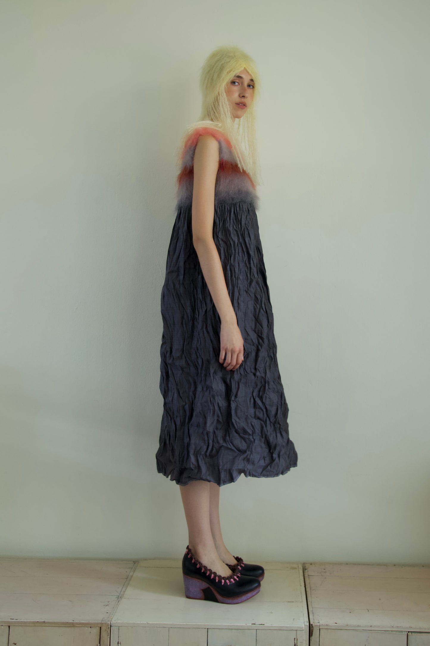 Blur Brushed Mohair Pinafore Raw Thai Silk Babydoll Dress (asphalt)