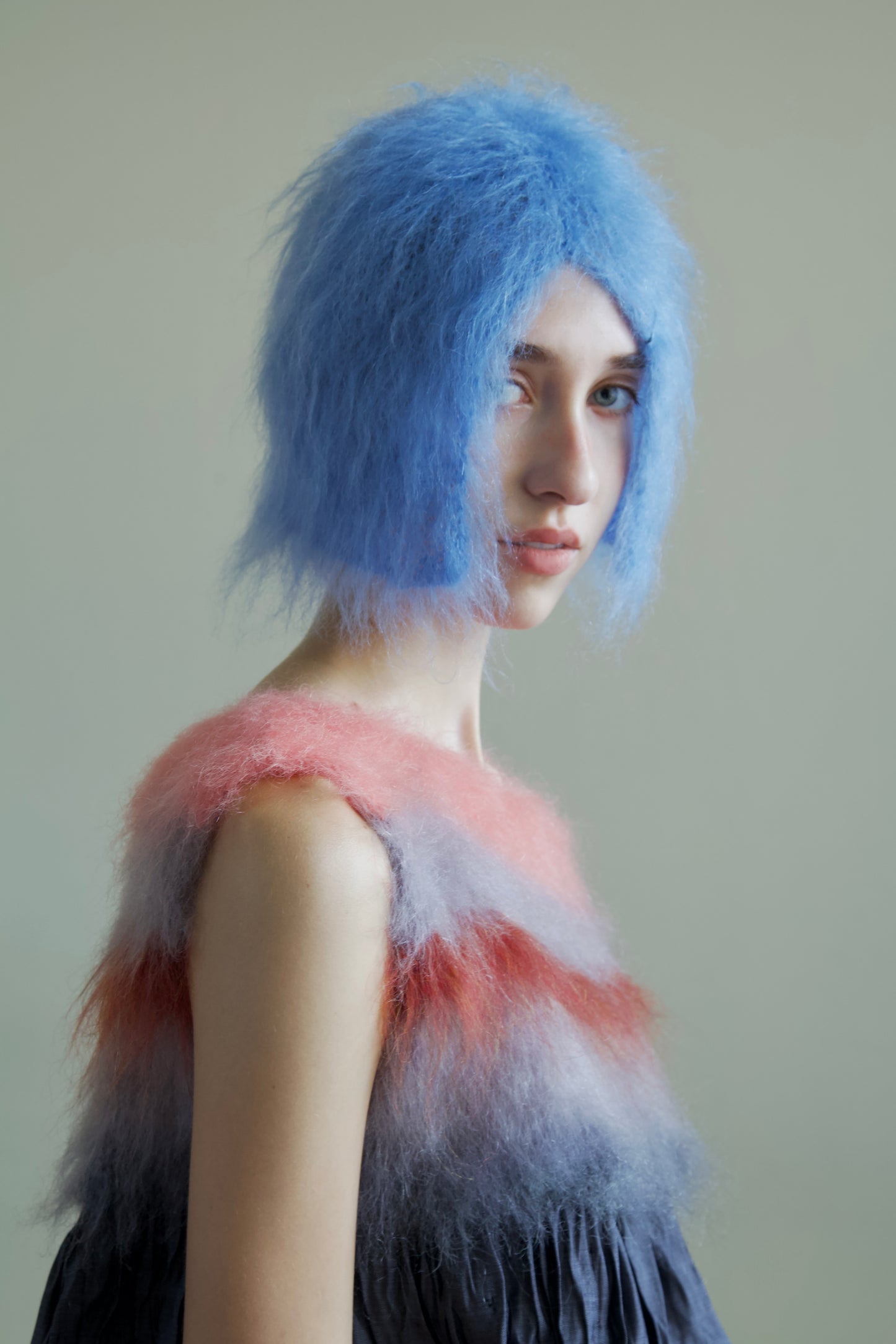 Blur Brushed Mohair Pinafore Raw Thai Silk Babydoll Top (asphalt)