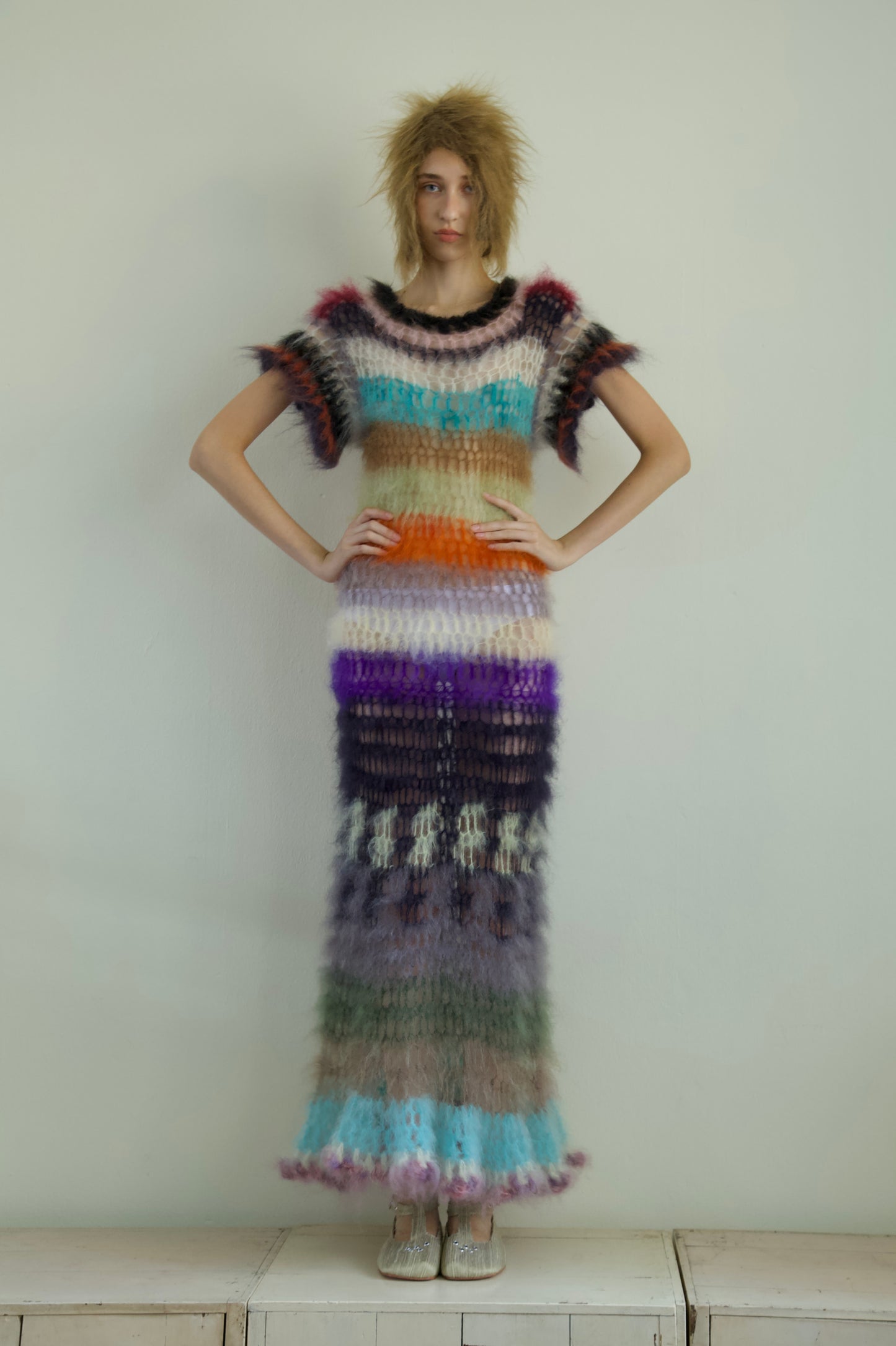 Original Blur Hand-Crocheted Brushed Mohair Net Maxi Dress (one-of-a-kind)