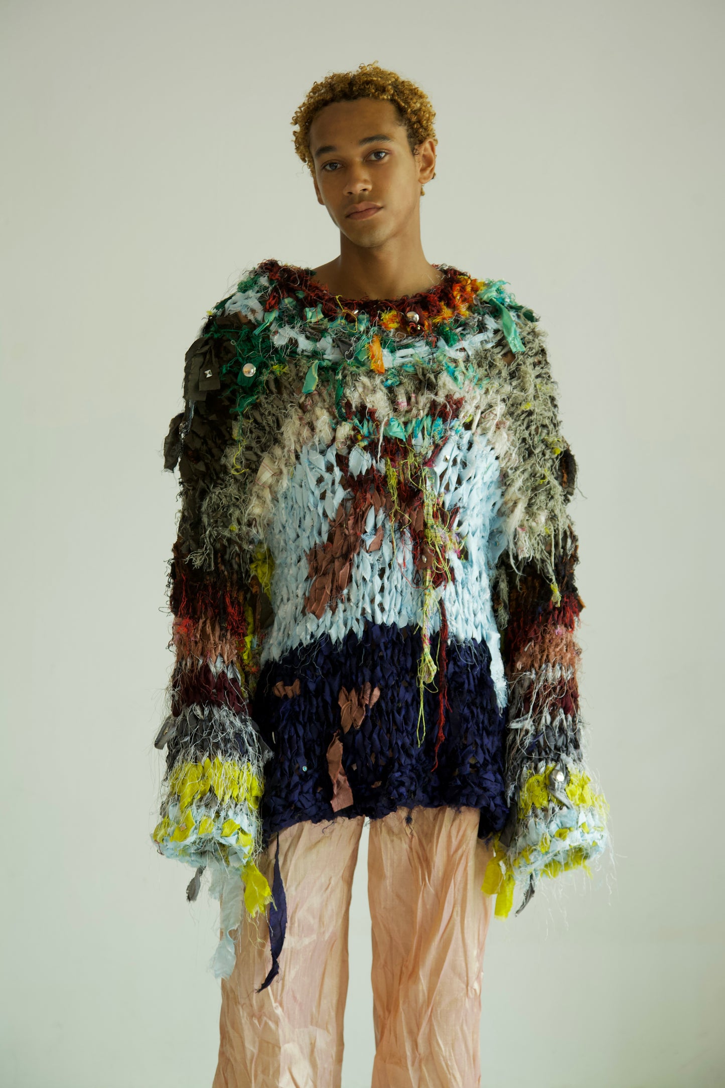 Shredded Ribbons Thai Silk One-of-a-kind Hand Knit Studded Painting Jumper