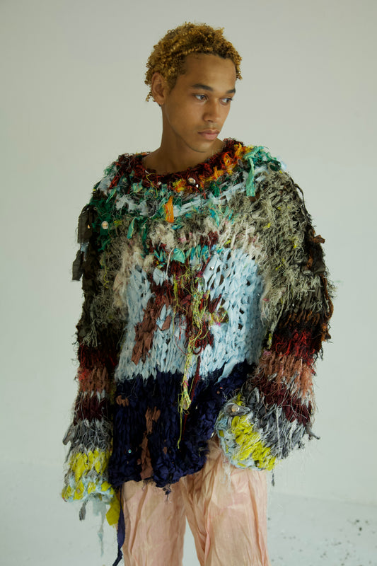 Shredded Ribbons Thai Silk One-of-a-kind Hand Knit Studded Painting Jumper