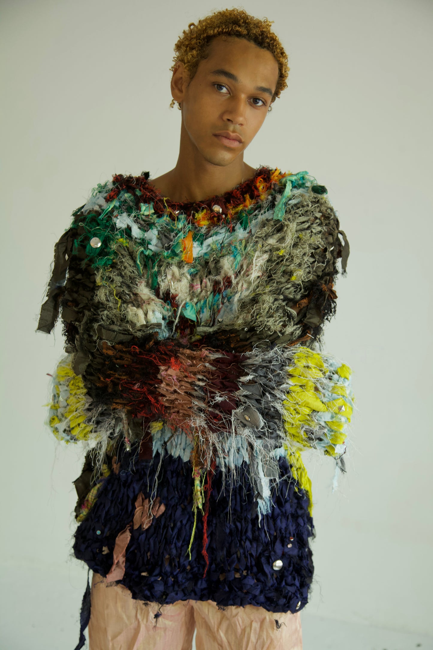 Shredded Ribbons Thai Silk One-of-a-kind Hand Knit Studded Painting Jumper