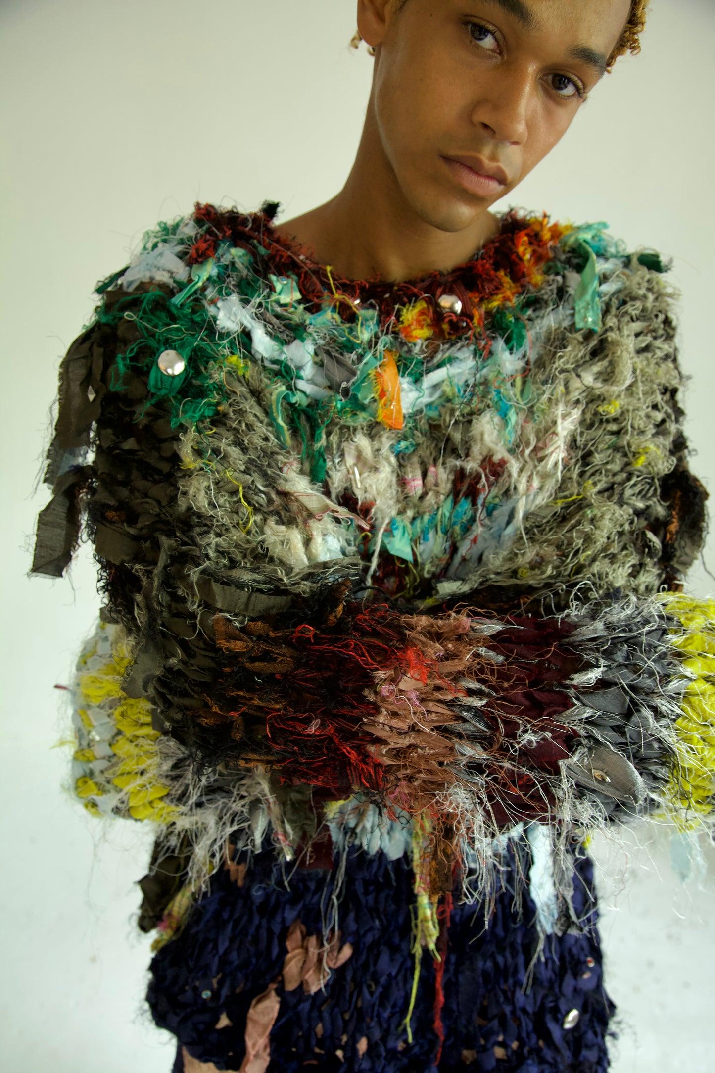 Shredded Ribbons Thai Silk One-of-a-kind Hand Knit Studded Painting Jumper