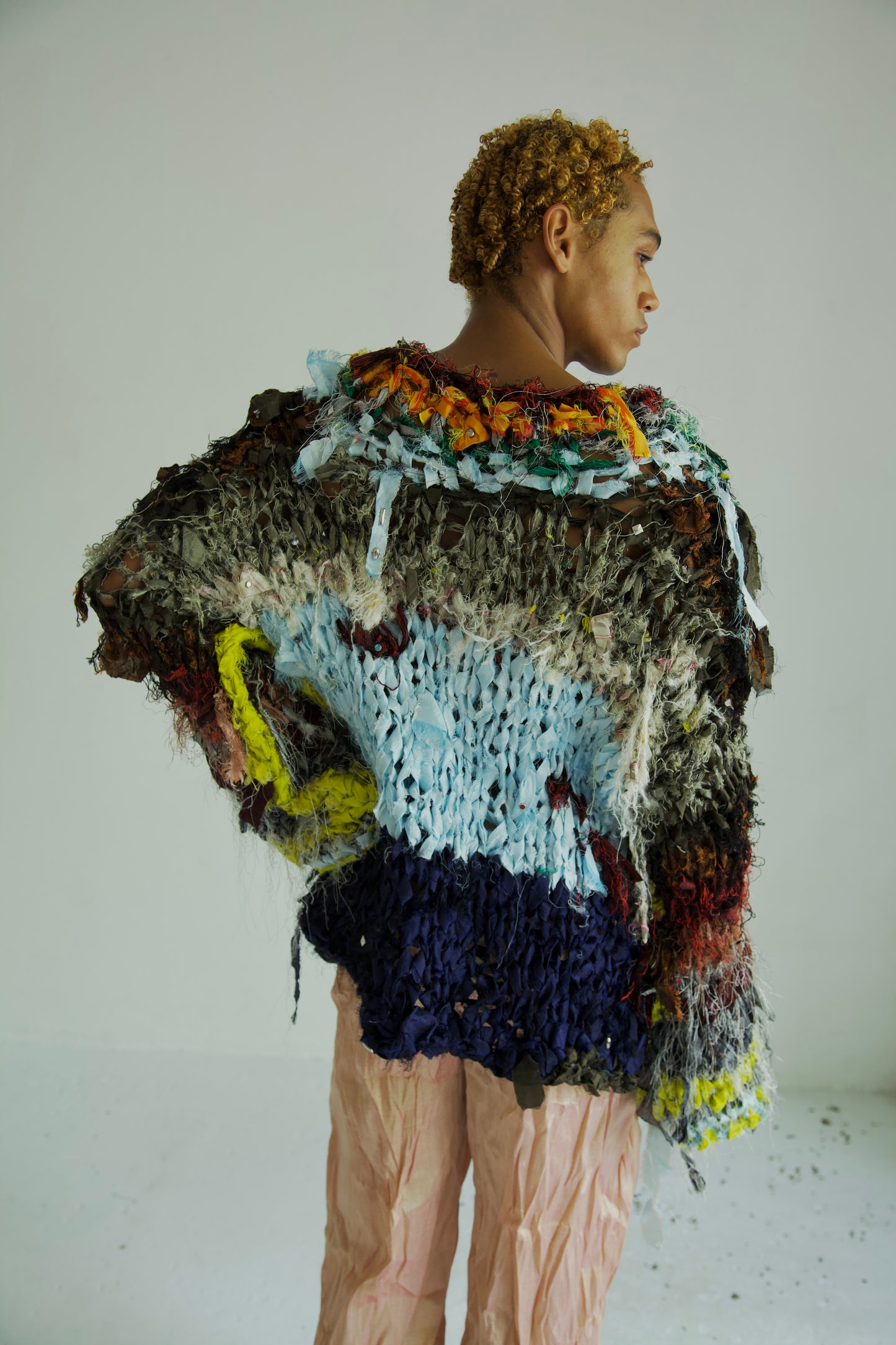 Shredded Ribbons Thai Silk One-of-a-kind Hand Knit Studded Painting Jumper