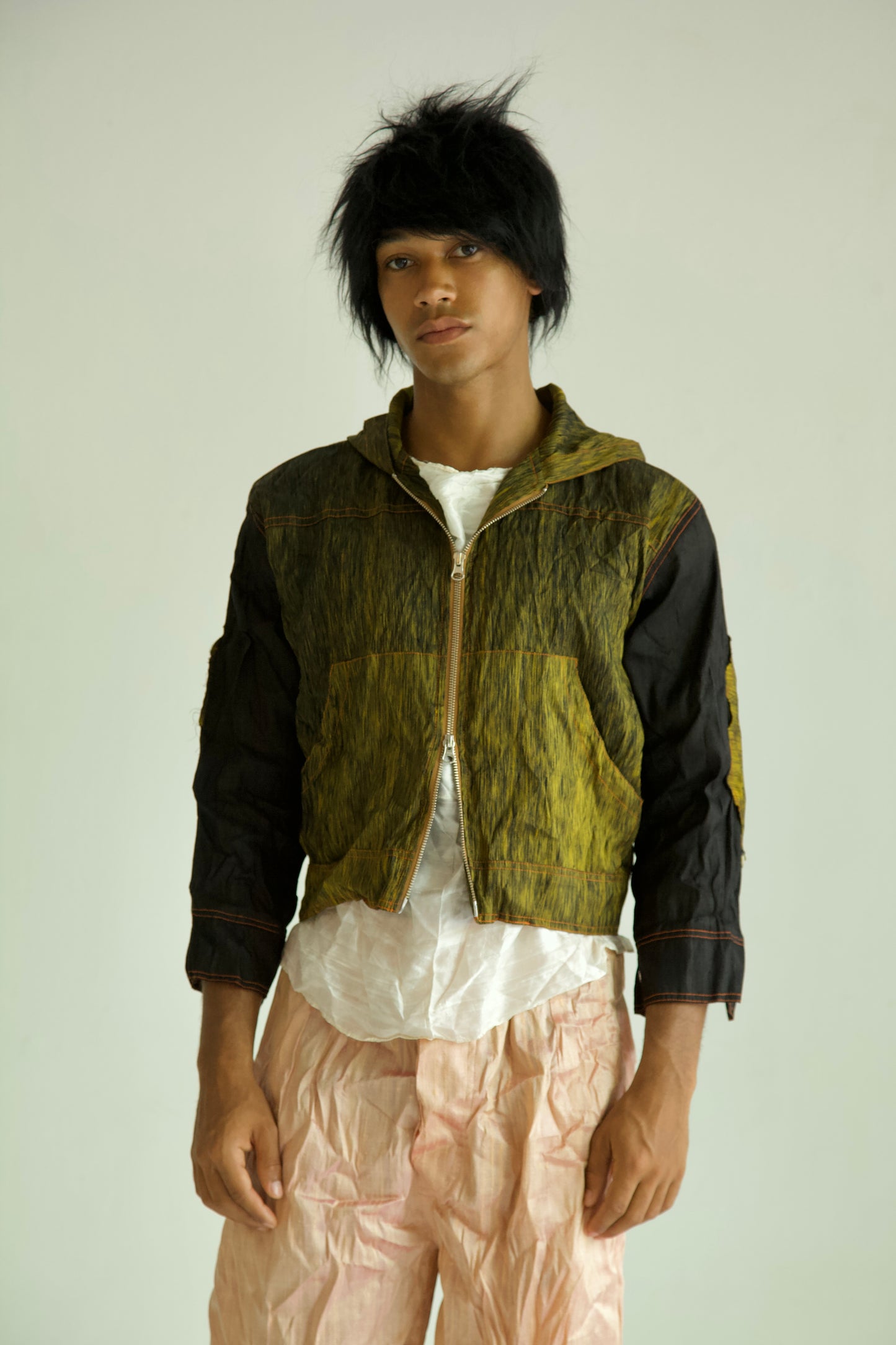 Crumpled Raw Thai Silk Double Zip Unisex Snap Hoodie (shadow)
