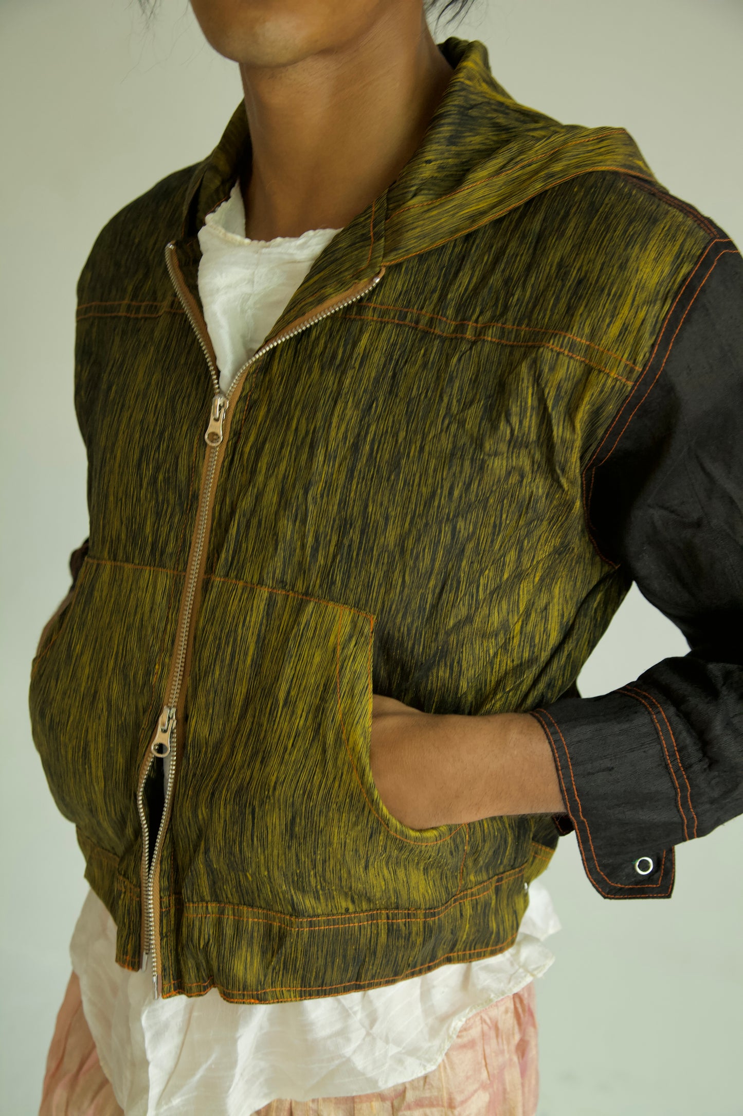 Crumpled Raw Thai Silk Double Zip Unisex Snap Hoodie (shadow)