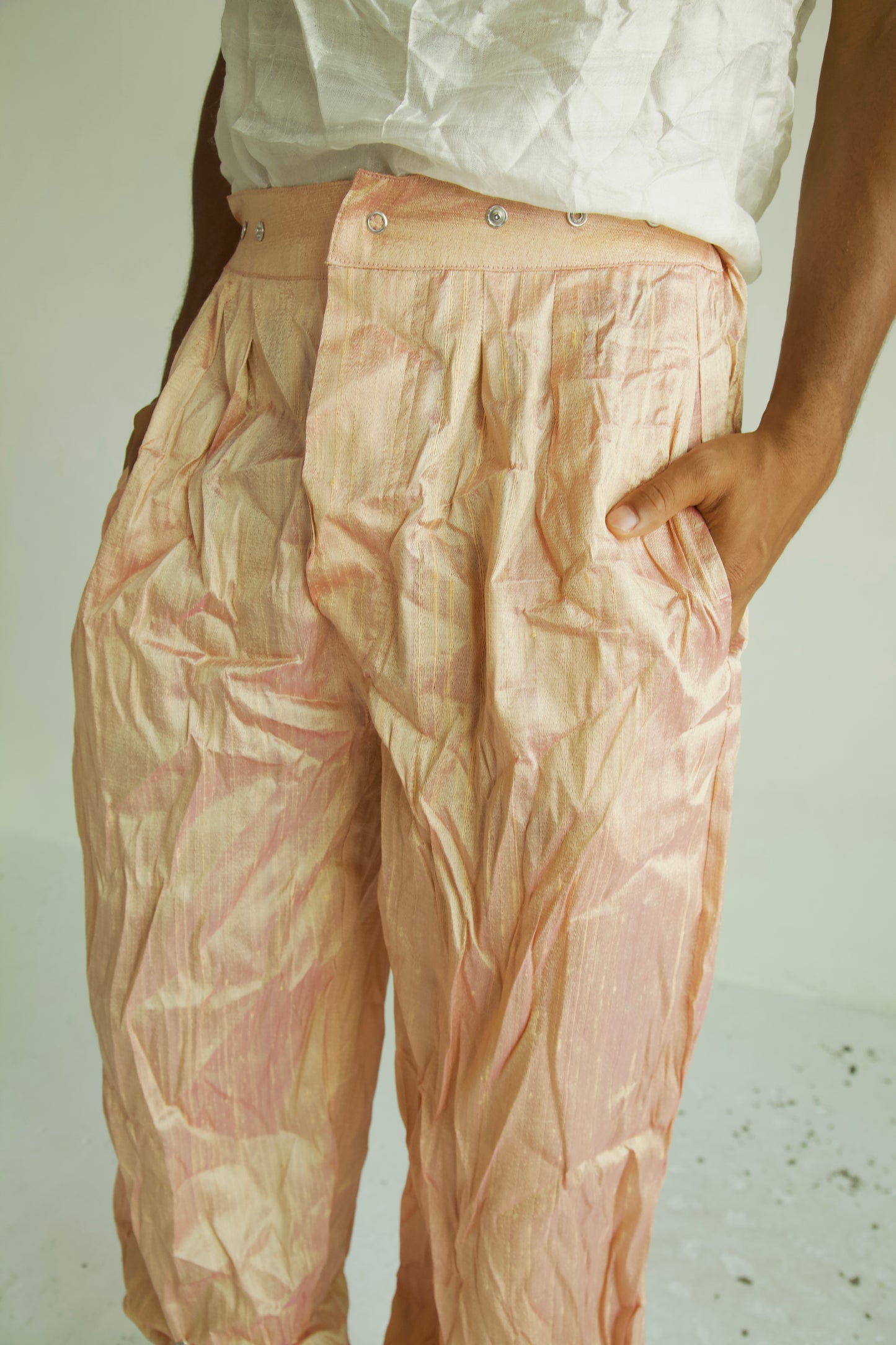 Raw Adjustable Crumpled Thai Silk Unisex Snap Trousers (3 colorways)