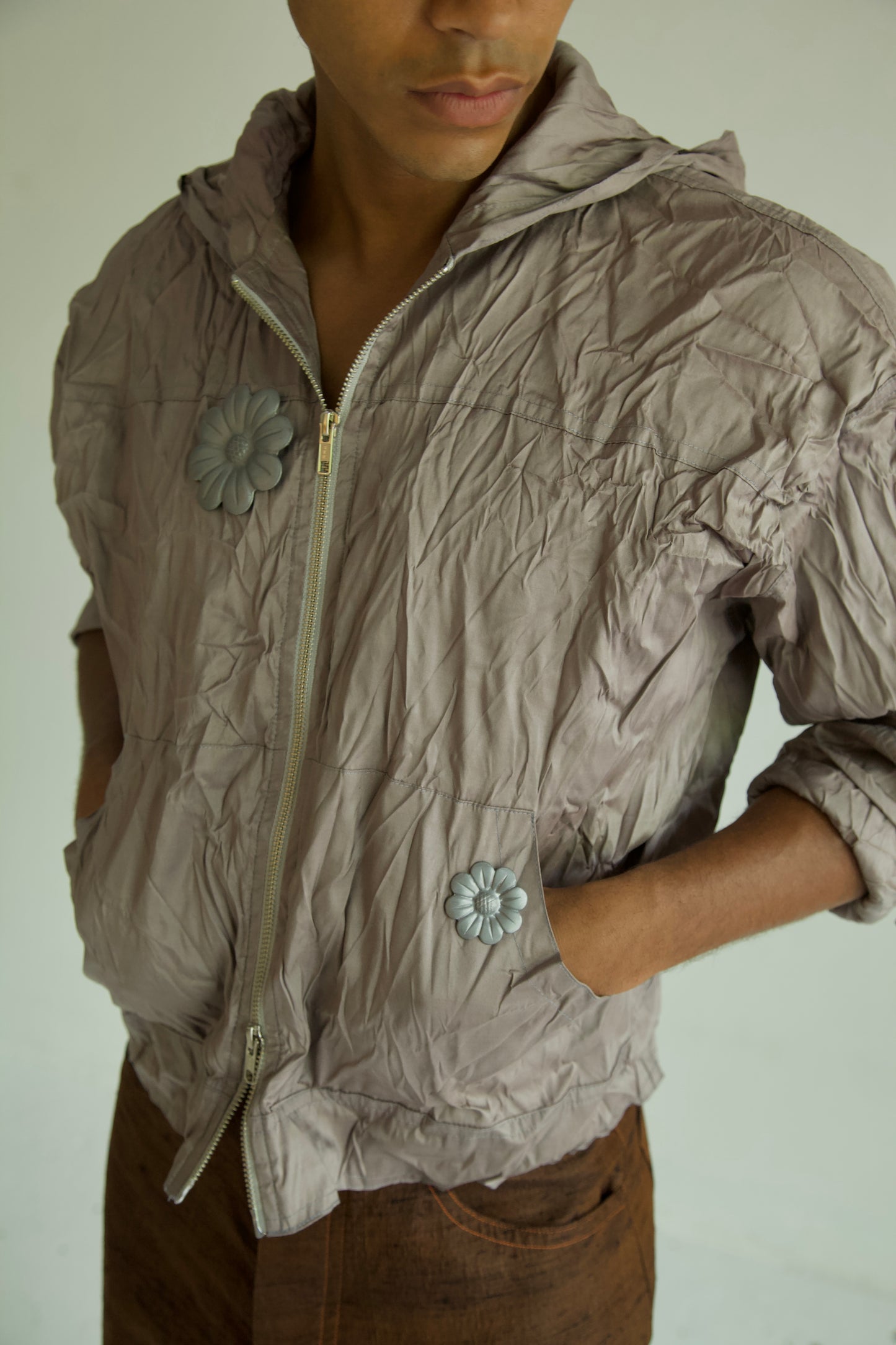 Crumpled Thai Silk Double Zip Unisex Snap Hoodie (ash)