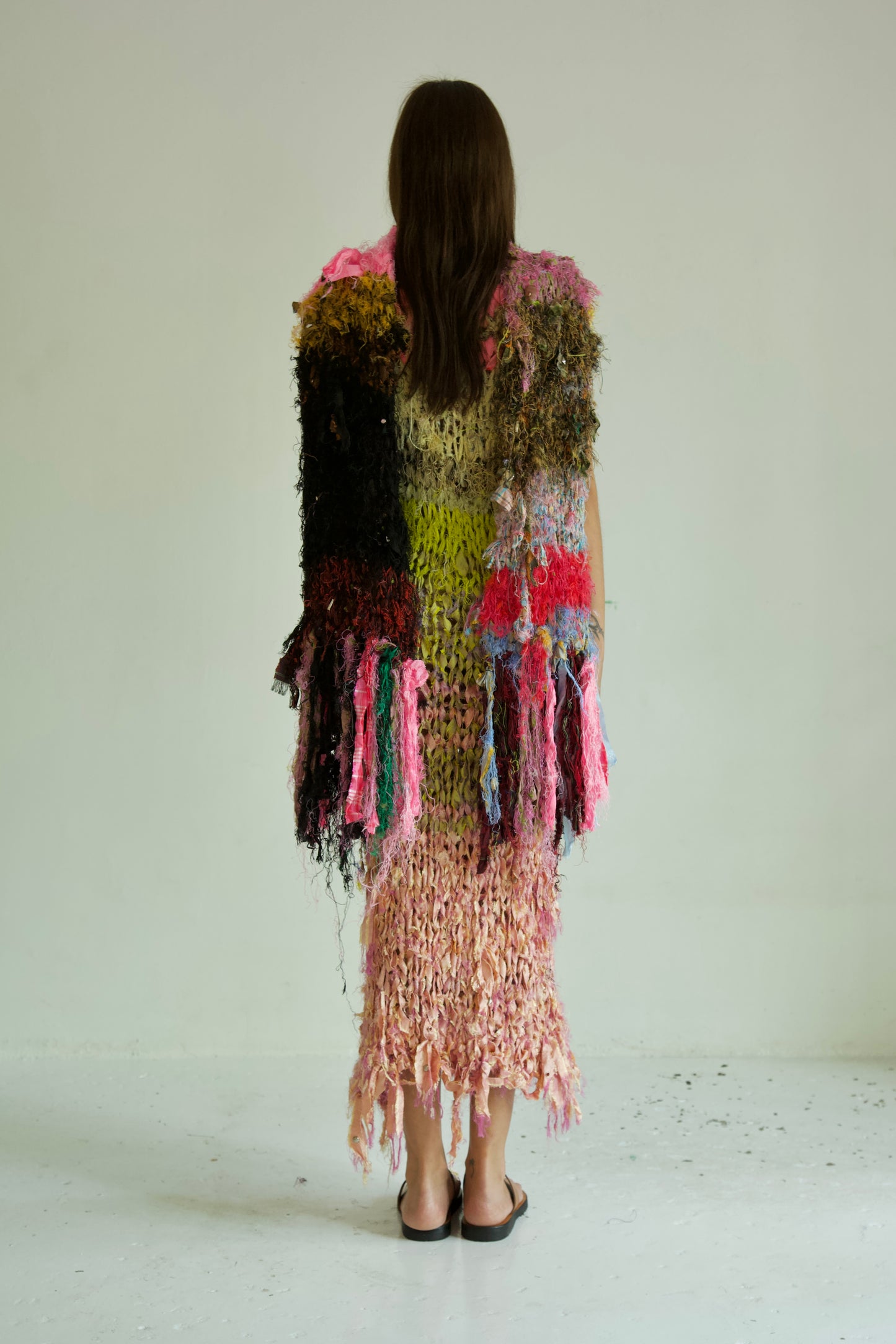 Shredded Ribbons Thai Silk One-of-a-kind Hand Knit Studded Shawl Scarf
