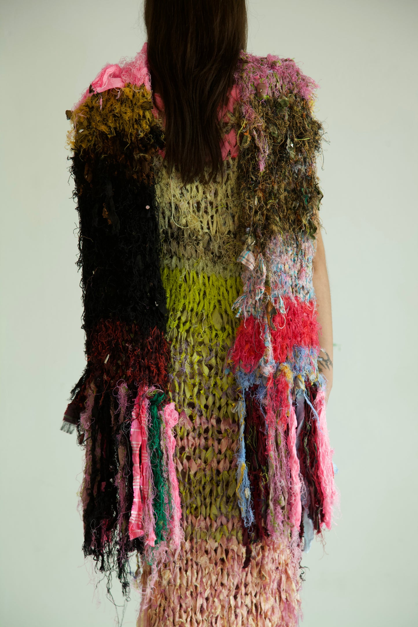 Shredded Ribbons Thai Silk One-of-a-kind Hand Knit Studded Shawl Scarf