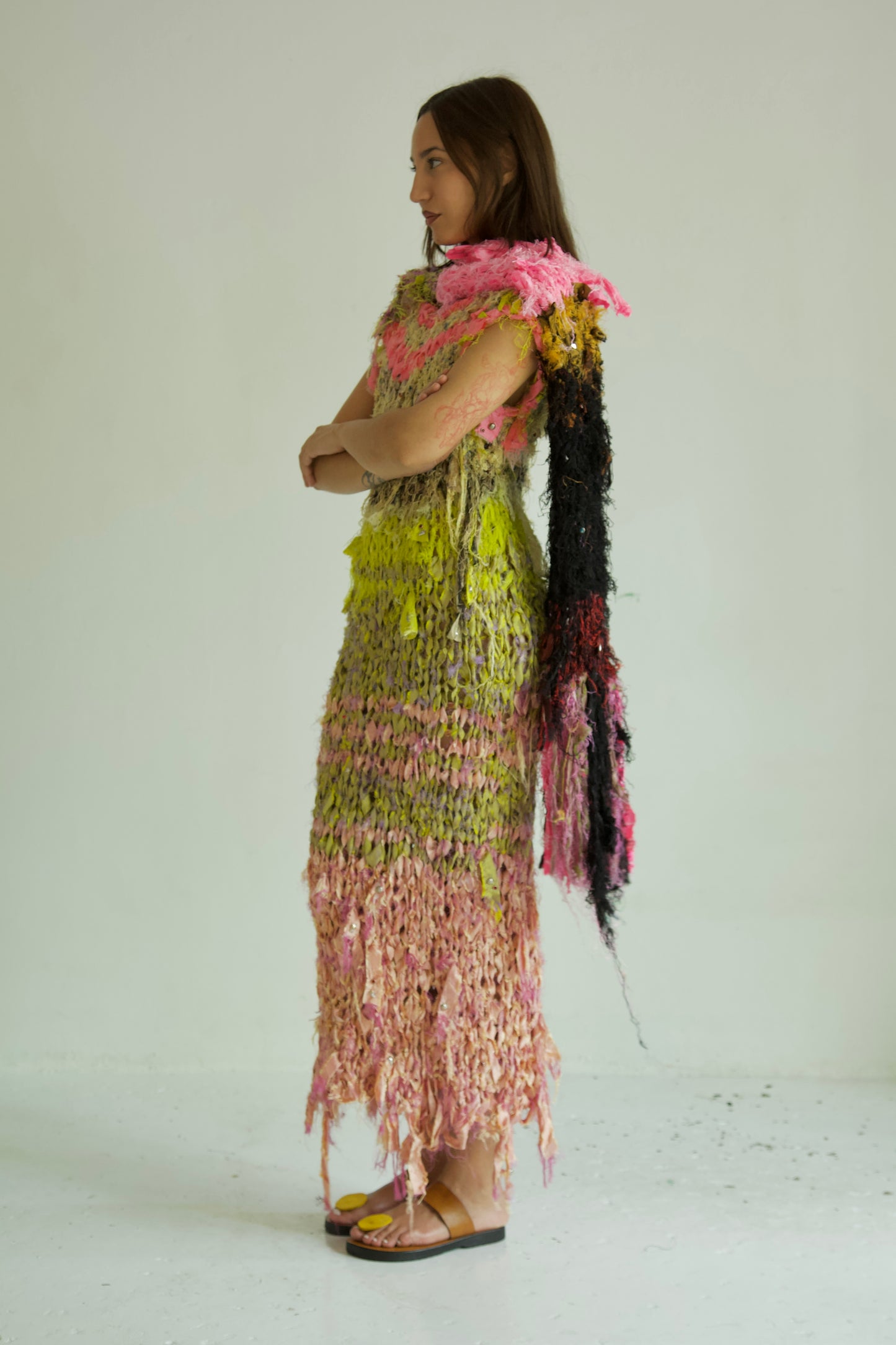 Shredded Ribbons Thai Silk One-of-a-kind Hand Knit Studded Shawl Scarf