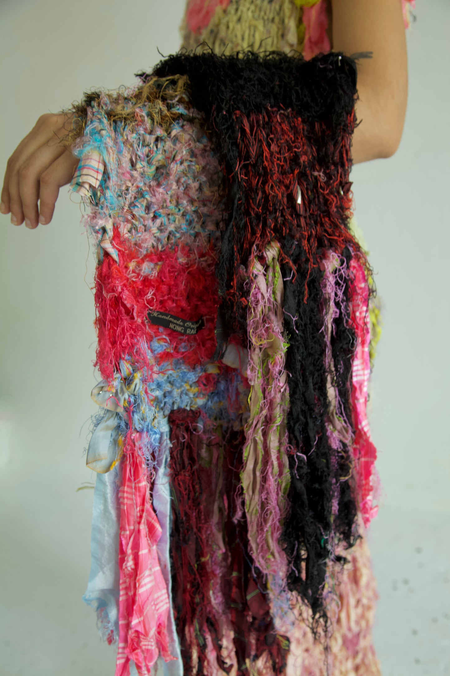Shredded Ribbons Thai Silk One-of-a-kind Hand Knit Studded Shawl Scarf