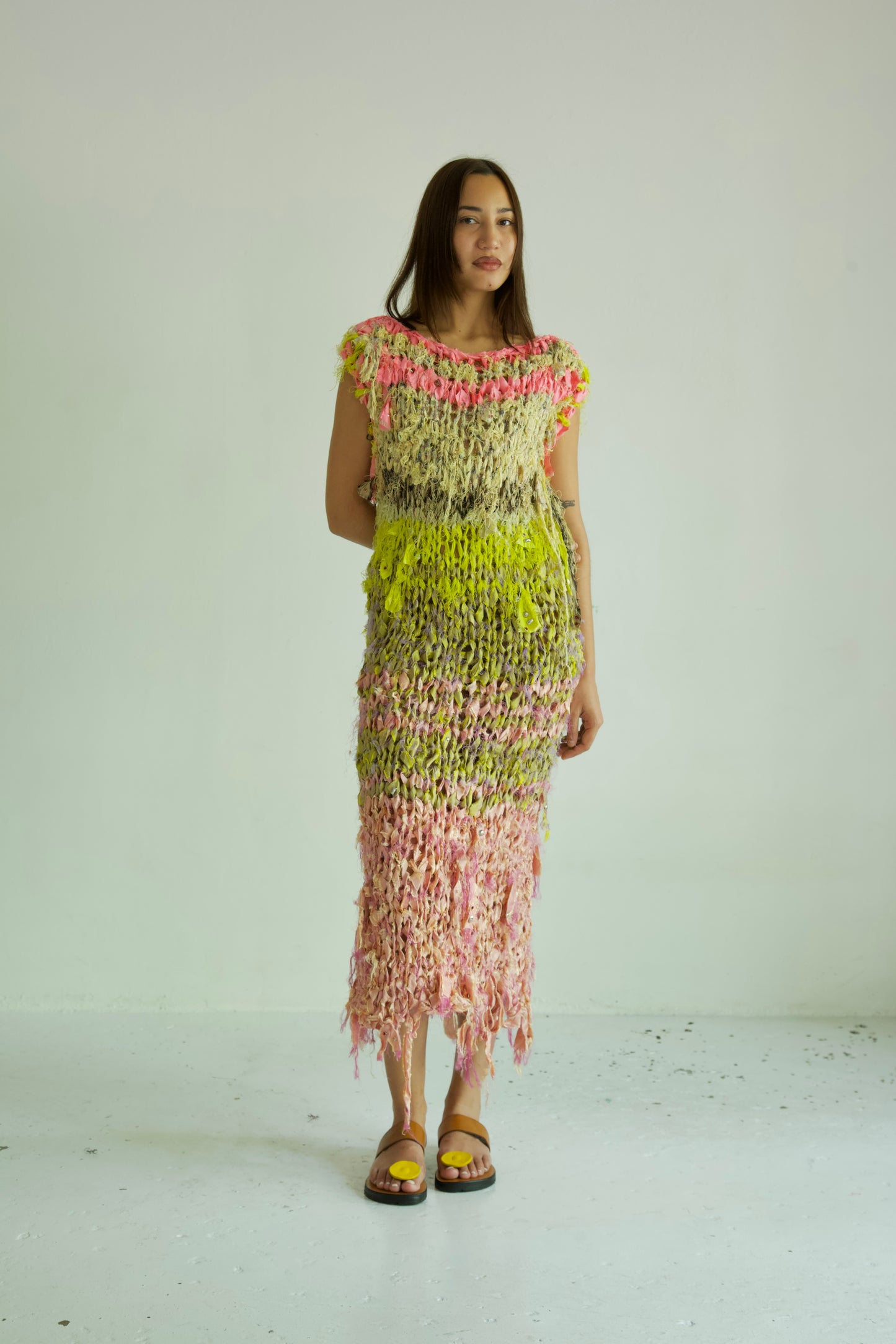 Shredded Ribbons Thai Silk One-of-a-kind Hand Knit Studded Column Dress