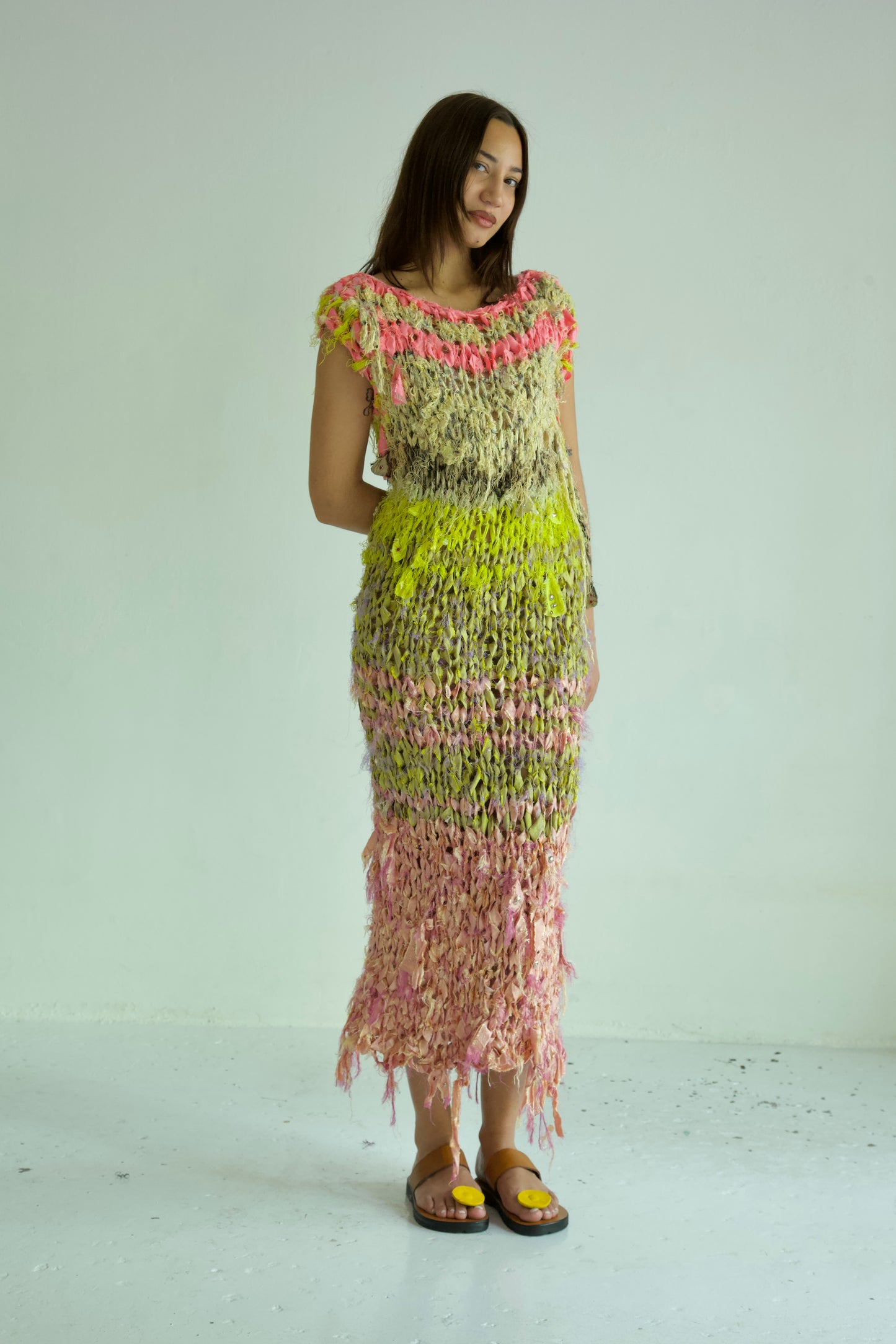 Shredded Ribbons Thai Silk One-of-a-kind Hand Knit Studded Column Dress