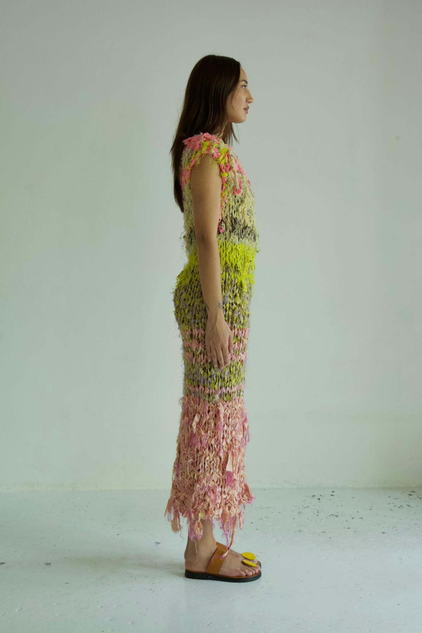 Shredded Ribbons Thai Silk One-of-a-kind Hand Knit Studded Column Dress