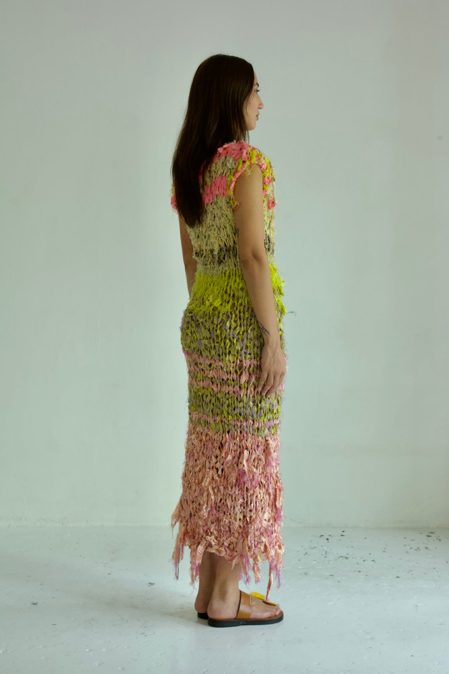Shredded Ribbons Thai Silk One-of-a-kind Hand Knit Studded Column Dress