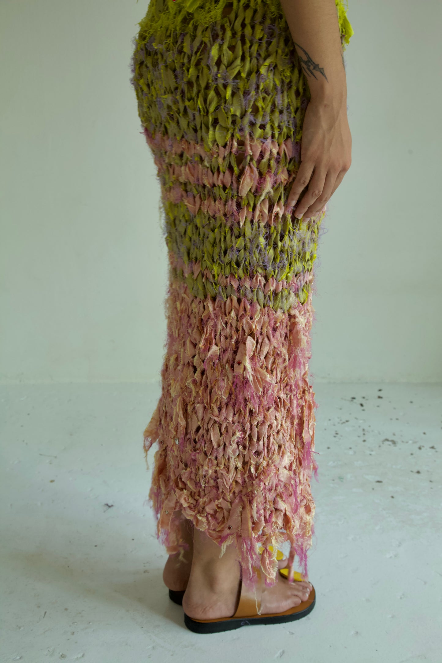 Shredded Ribbons Thai Silk One-of-a-kind Hand Knit Studded Column Dress
