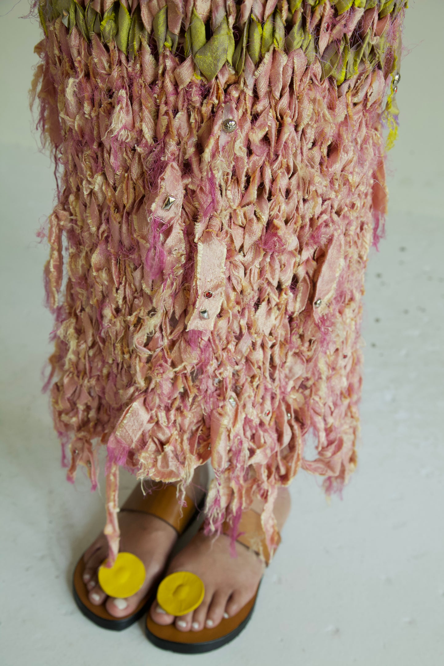 Shredded Ribbons Thai Silk One-of-a-kind Hand Knit Studded Column Dress